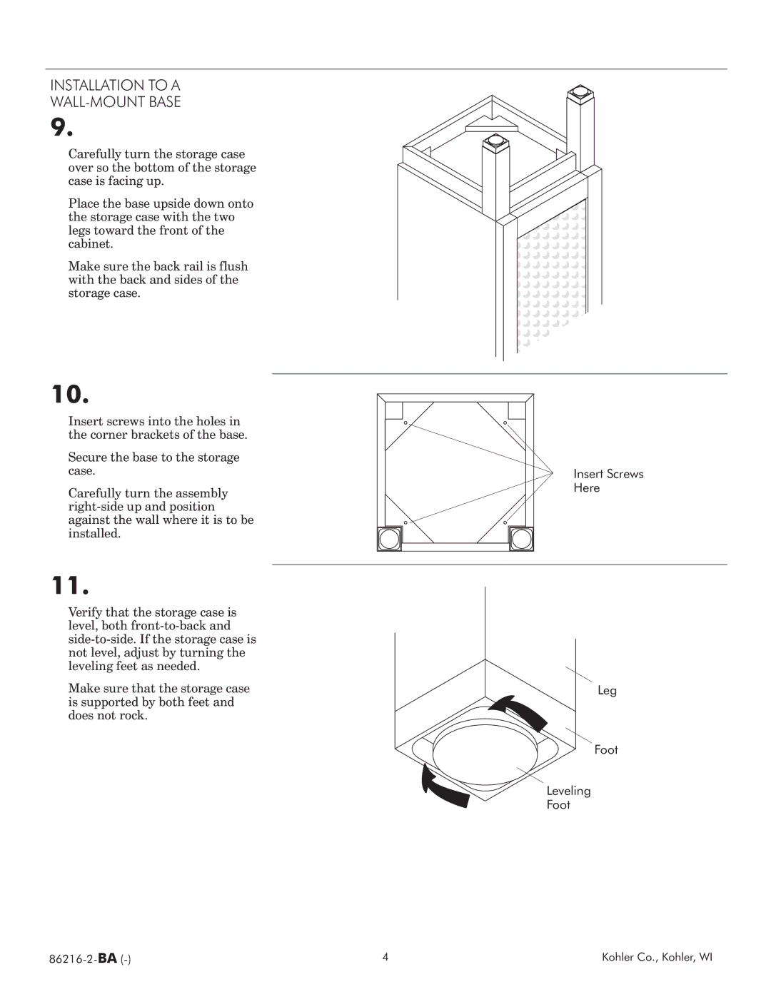 Kohler 86216 2 BA manual Installation to a Wallmount Base 