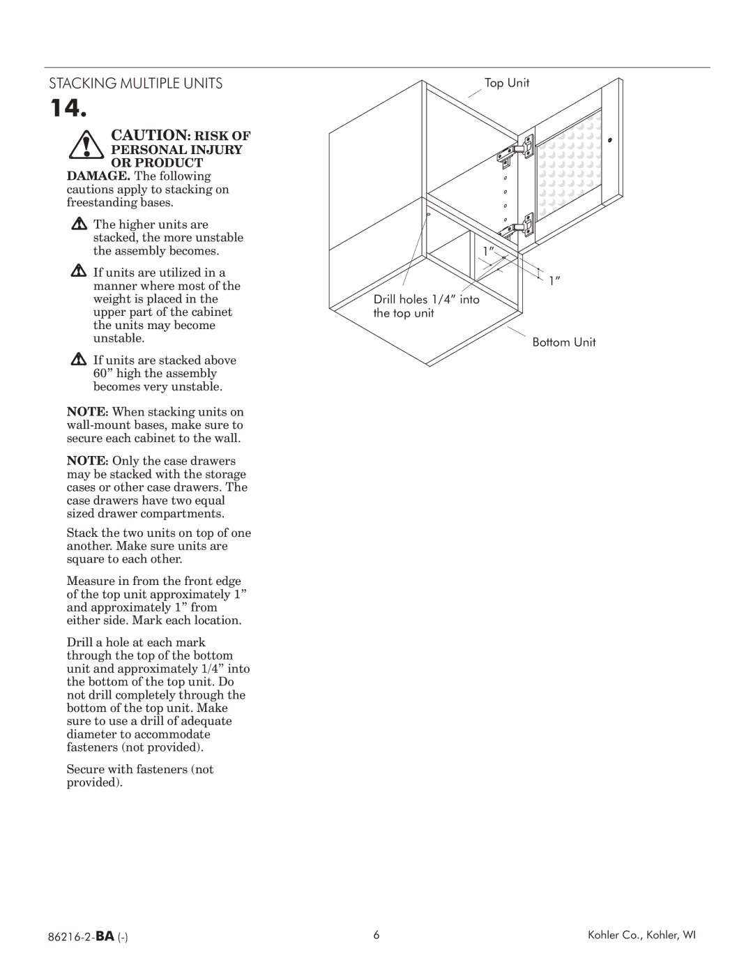 Kohler 86216 2 BA manual Stacking Multiple Units, Personal Injury 