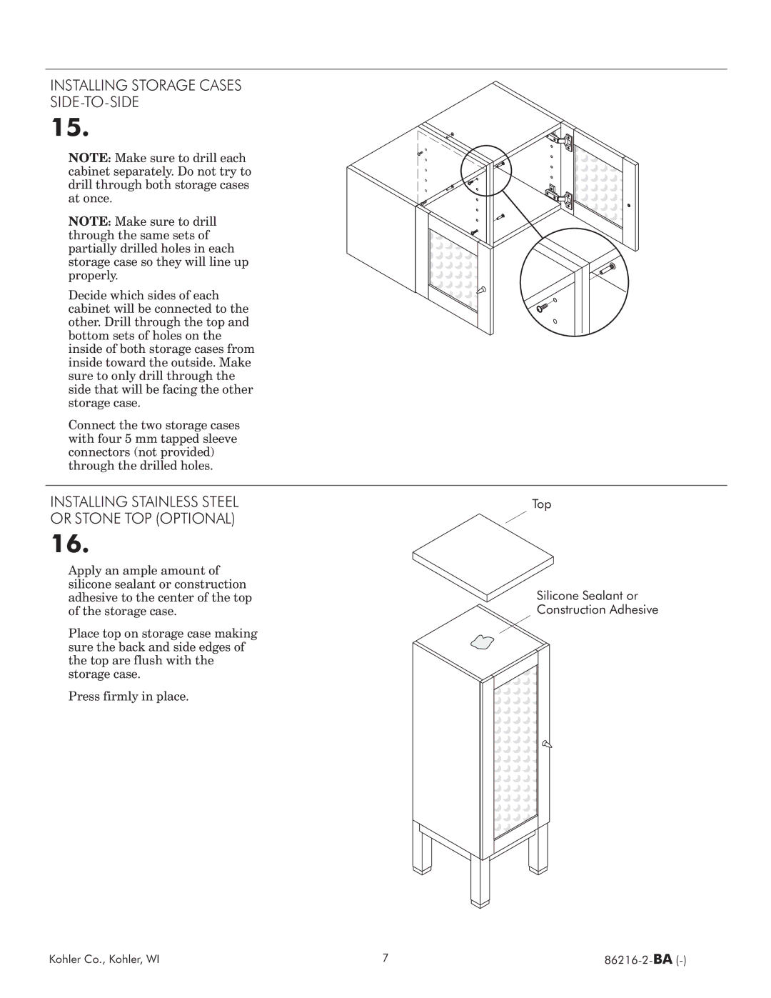 Kohler 86216 2 BA manual Installing Storag ASS Sitosi, Installing Stainlss STL or Ston TOP Optional 