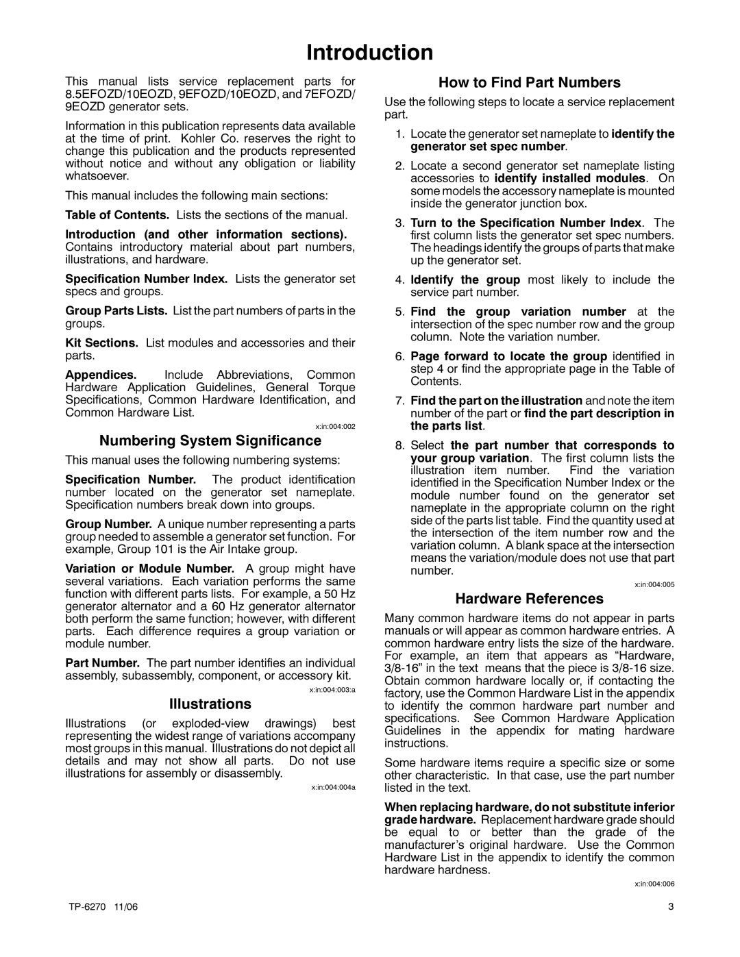 Kohler 7EFOZD, 9EFOZD, 9EOZD, 8.5EFOZD, 10EOZD manual Introduction, Numbering System Significance 