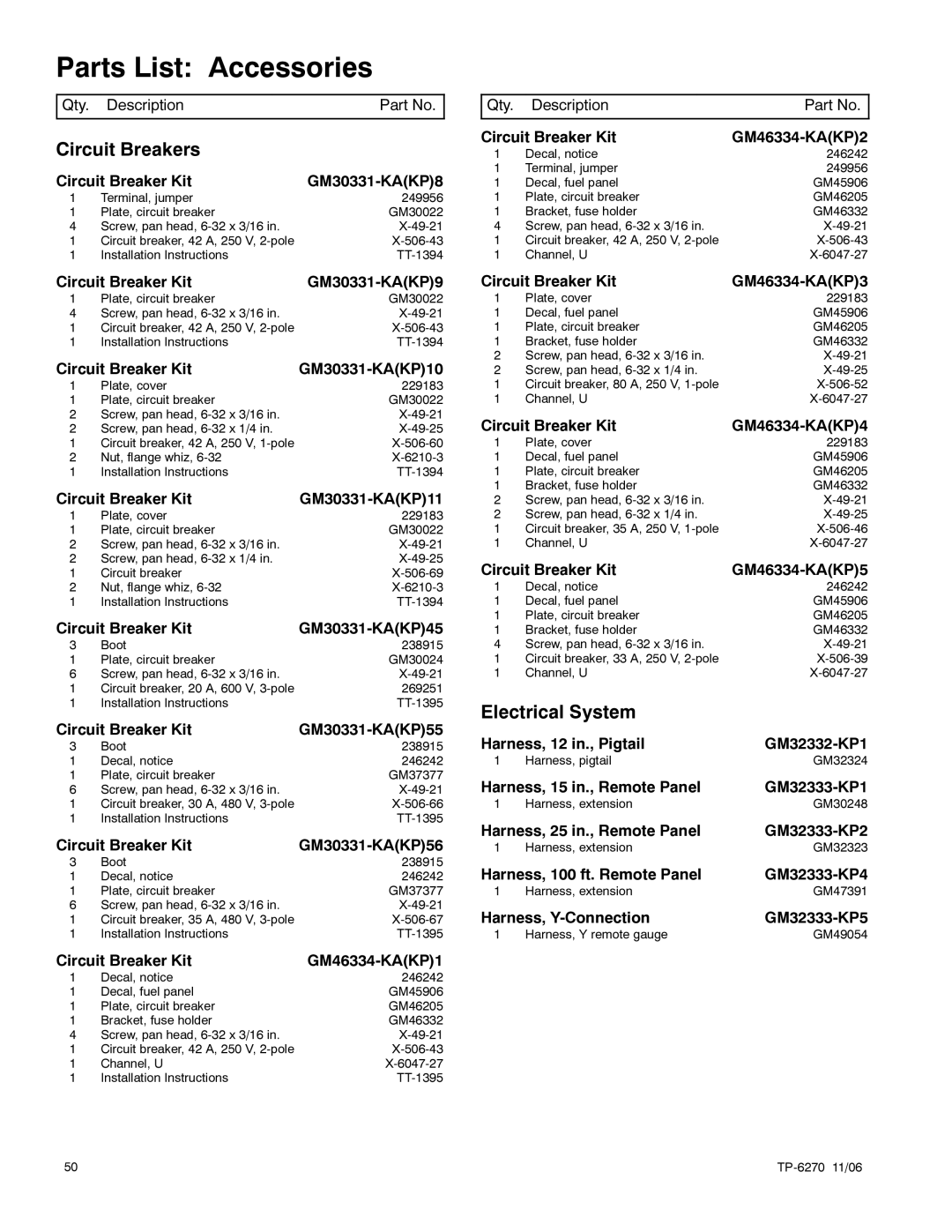 Kohler 9EFOZD, 9EOZD, 8.5EFOZD, 7EFOZD, 10EOZD manual Parts List Accessories, Circuit Breakers 