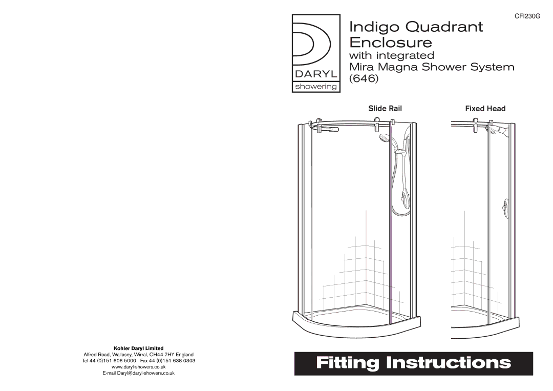 Kohler CFI230G manual Indigo Quadrant Enclosure, Kohler Daryl Limited 