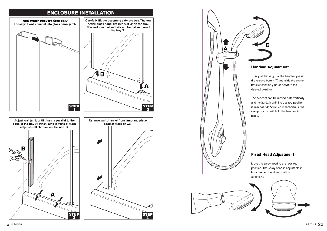 Kohler CFI230G manual Enclosure Installation, Handset Adjustment, Fixed Head Adjustment 