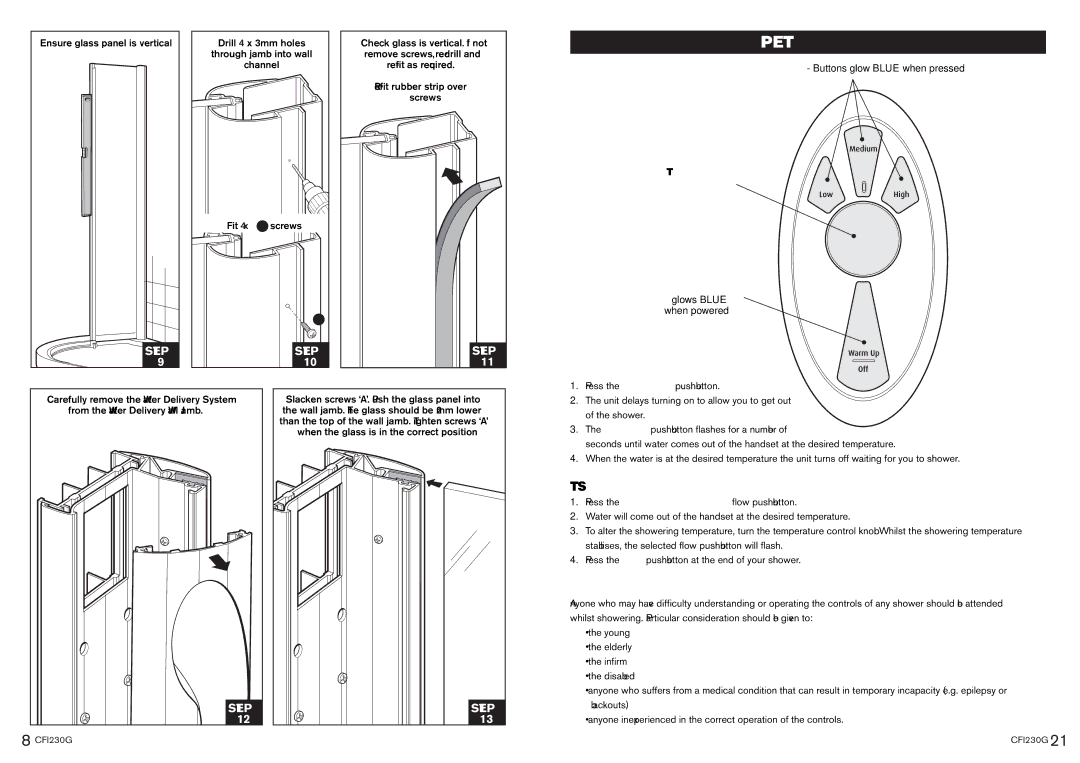 Kohler CFI230G manual Operation, Warm Up Function Optional, To Operate the Shower 