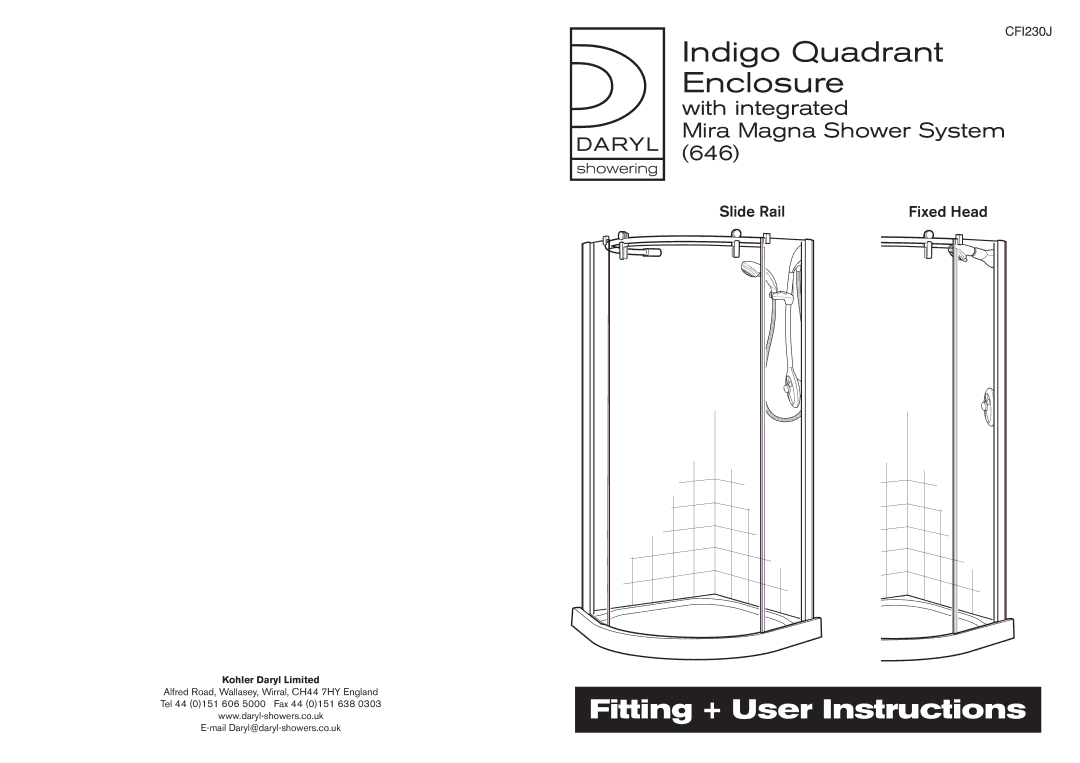 Kohler CFI230J manual Indigo Quadrant Enclosure, Kohler Daryl Limited 