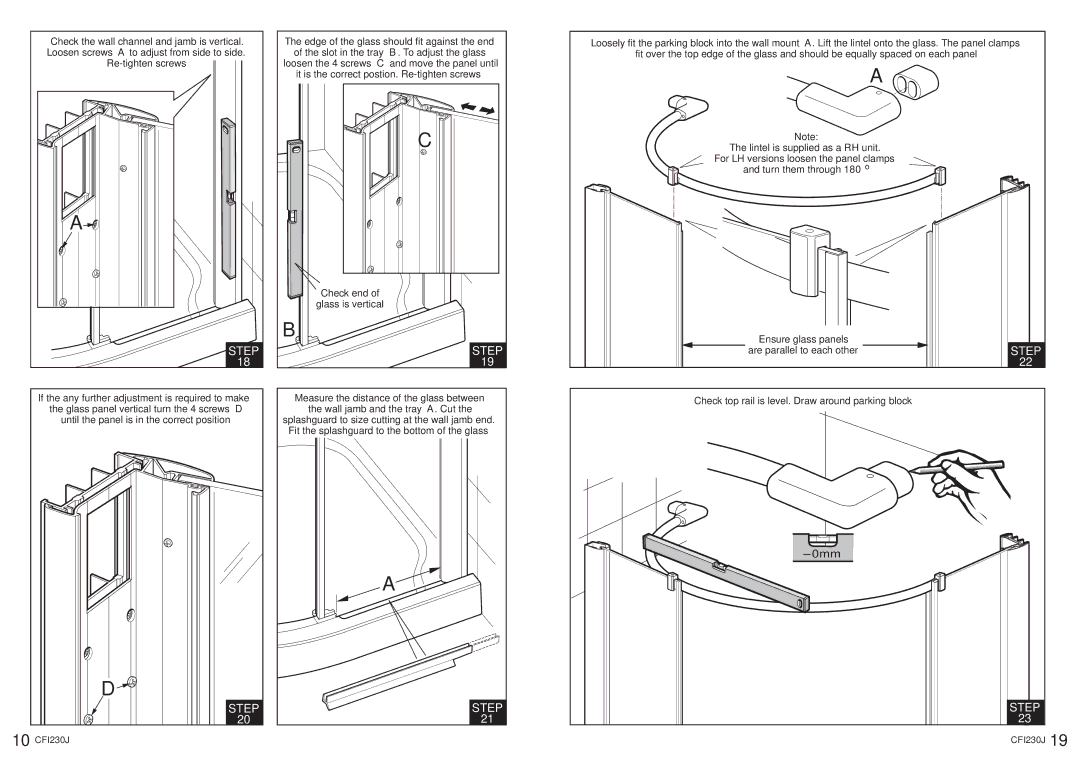 Kohler CFI230J manual If the any further adjustment is required to make, Glass panel vertical turn the 4 screws ‘D’ 