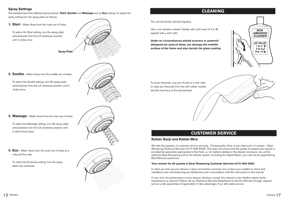 Kohler CFI230J manual Cleaning, Customer Service, Spray Settings, Kohler Daryl and Kohler Mira, Spray Plate 