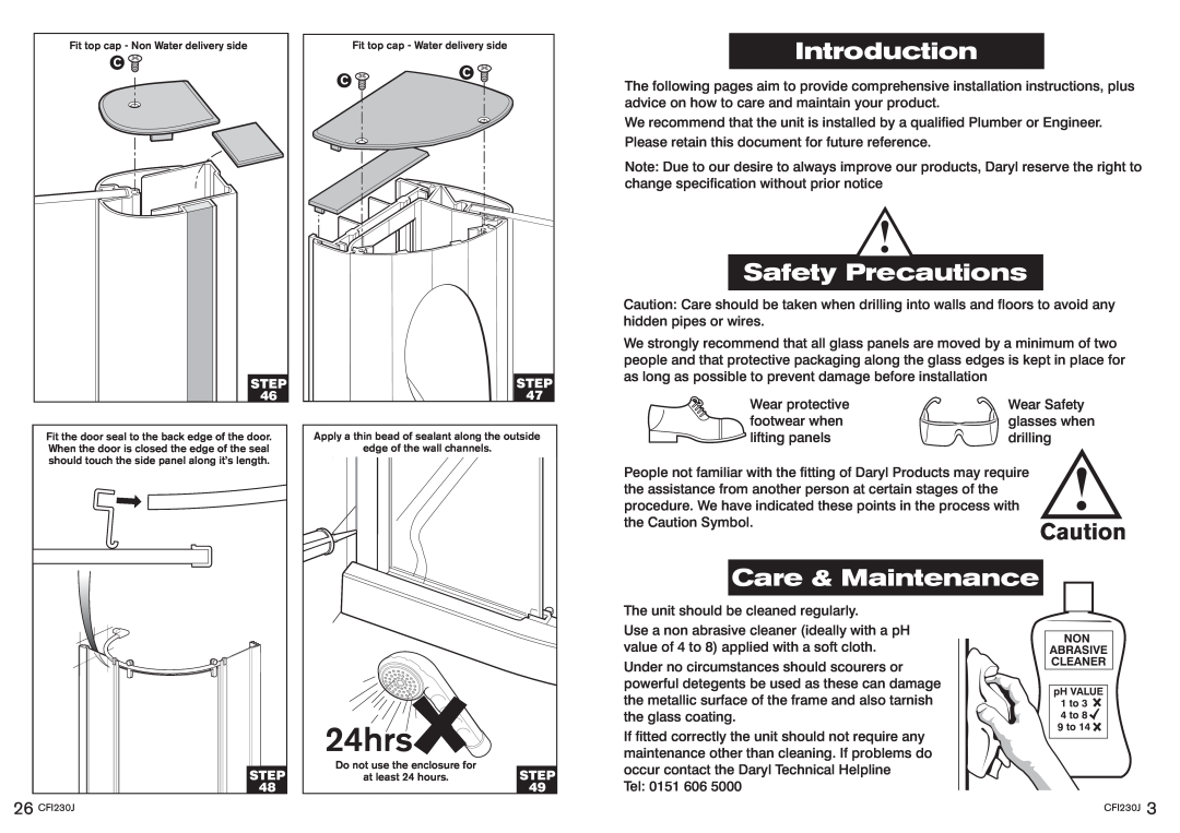 Kohler CFI230J manual Introduction, Safety Precautions, Care & Maintenance, 24hrs 