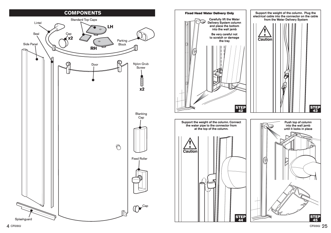 Kohler CFI230J manual Components, Step, Fixed Head Water Delivery Only, Push top of column, into the wall jamb 