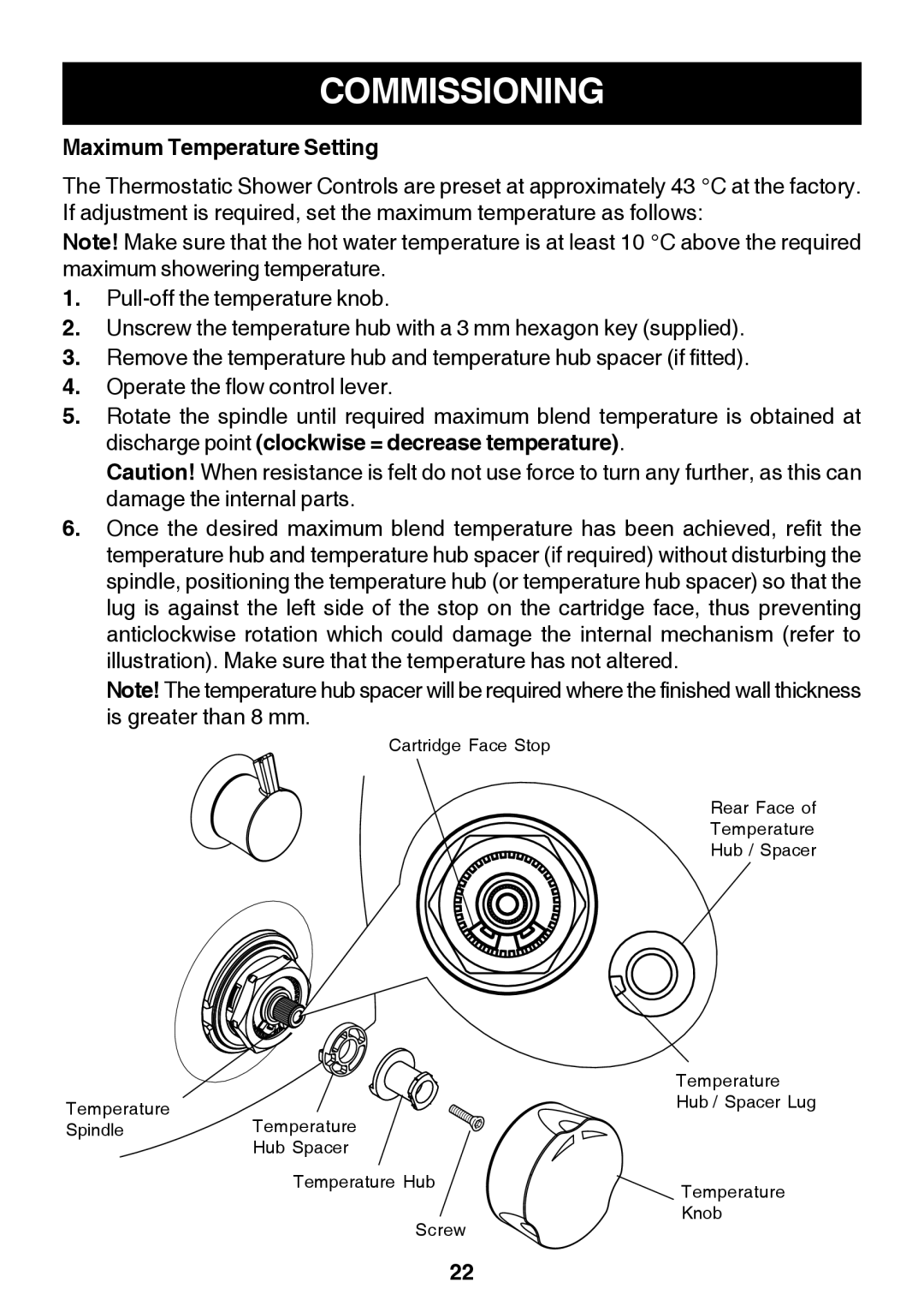 Kohler Discovery manual Commissioning, Maximum Temperature Setting 