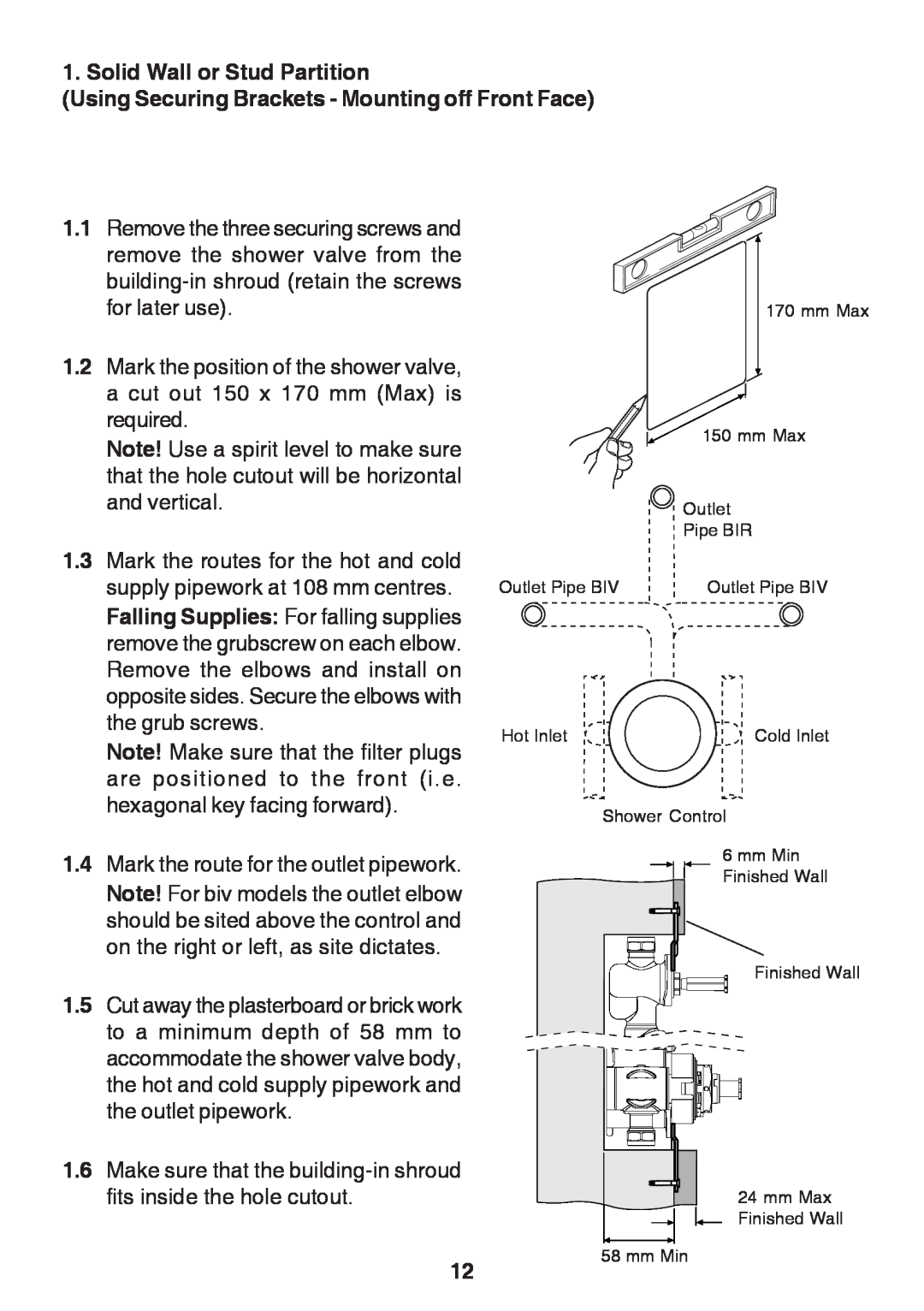Kohler Discovery manual Solid Wall or Stud Partition, Using Securing Brackets - Mounting off Front Face 
