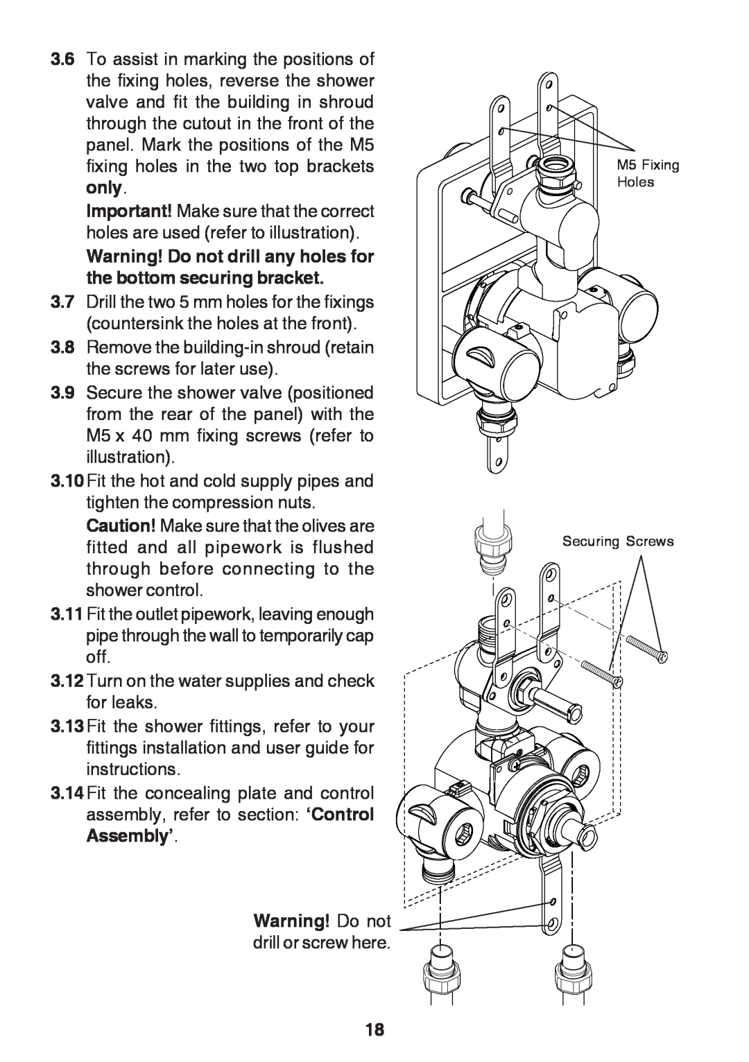 Kohler Discovery manual Warning! Do not drill or screw here, M5 Fixing Holes Securing Screws 