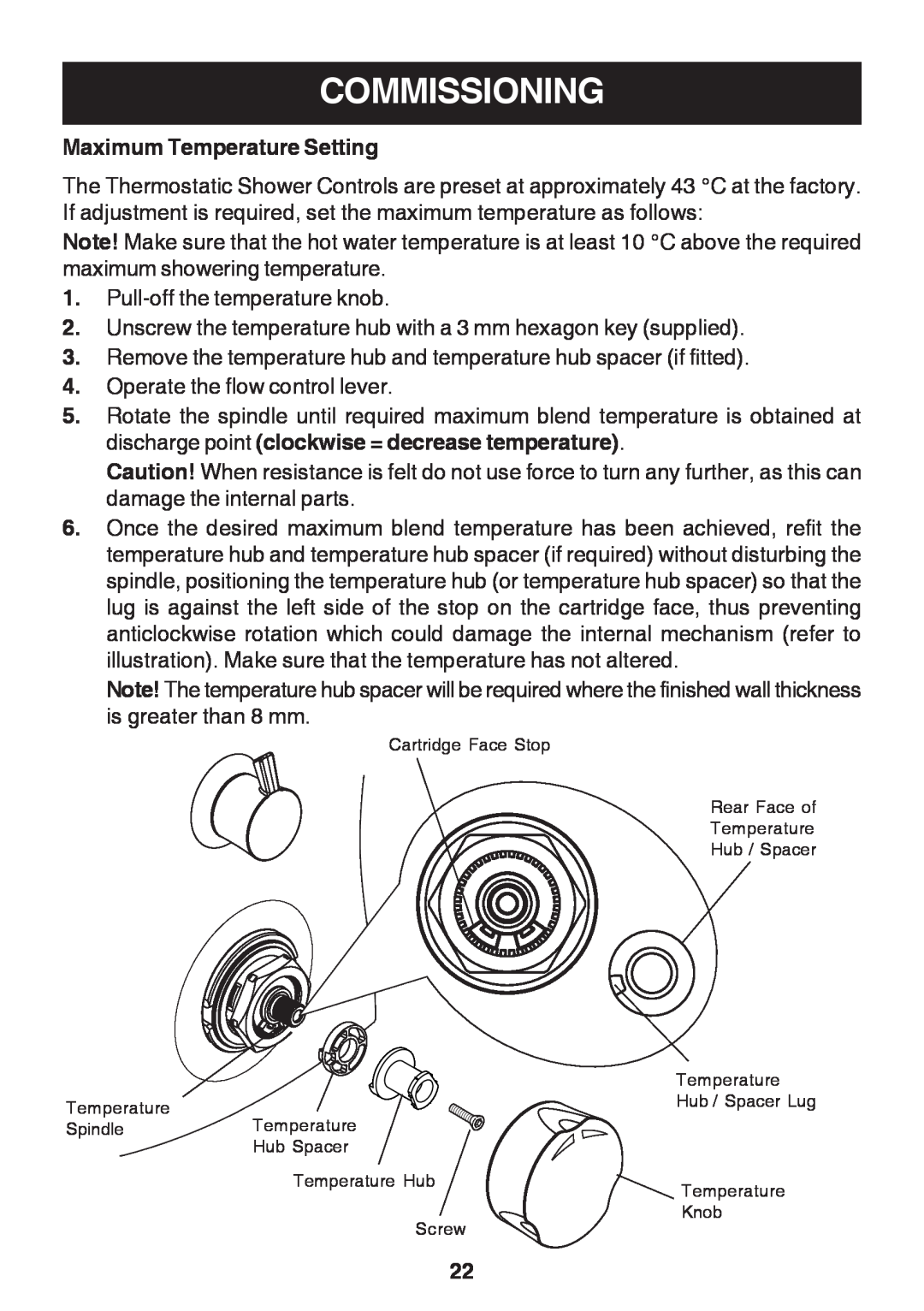 Kohler Discovery manual Commissioning, Maximum Temperature Setting 