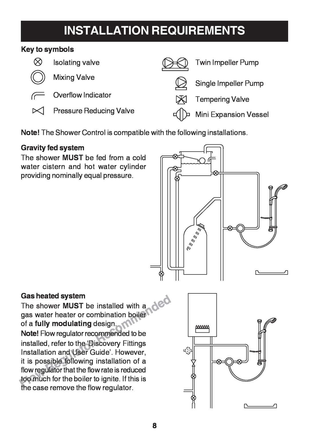 Kohler Discovery manual Installation Requirements, Key to symbols, Gravity fed system, Gas heated system 