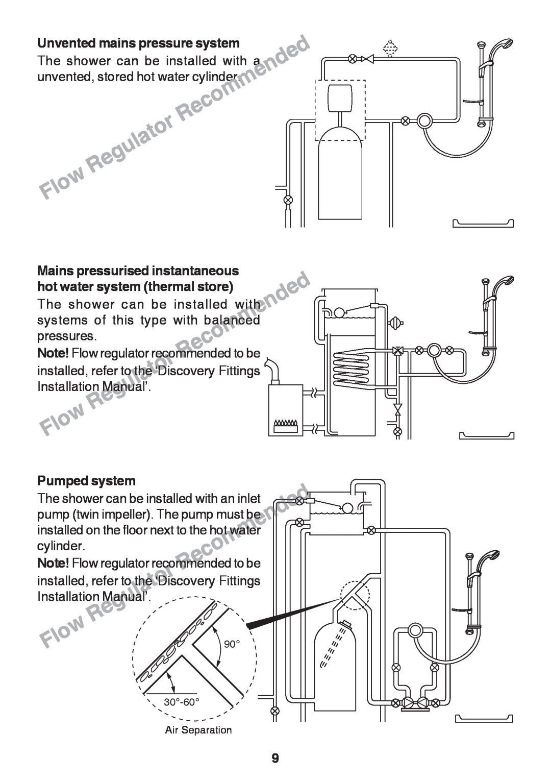 Kohler Discovery manual Mains pressurised instantaneous, hot water system thermal store, Pumped system, Recommended, Flow 