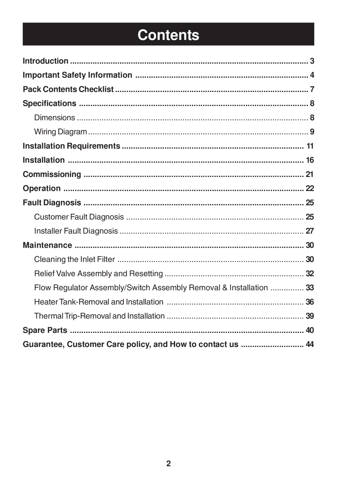 Kohler Electric Shower manual Contents 