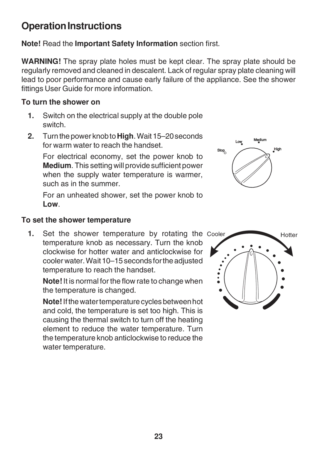 Kohler Electric Shower manual OperationInstructions, To turn the shower on, Low To set the shower temperature 