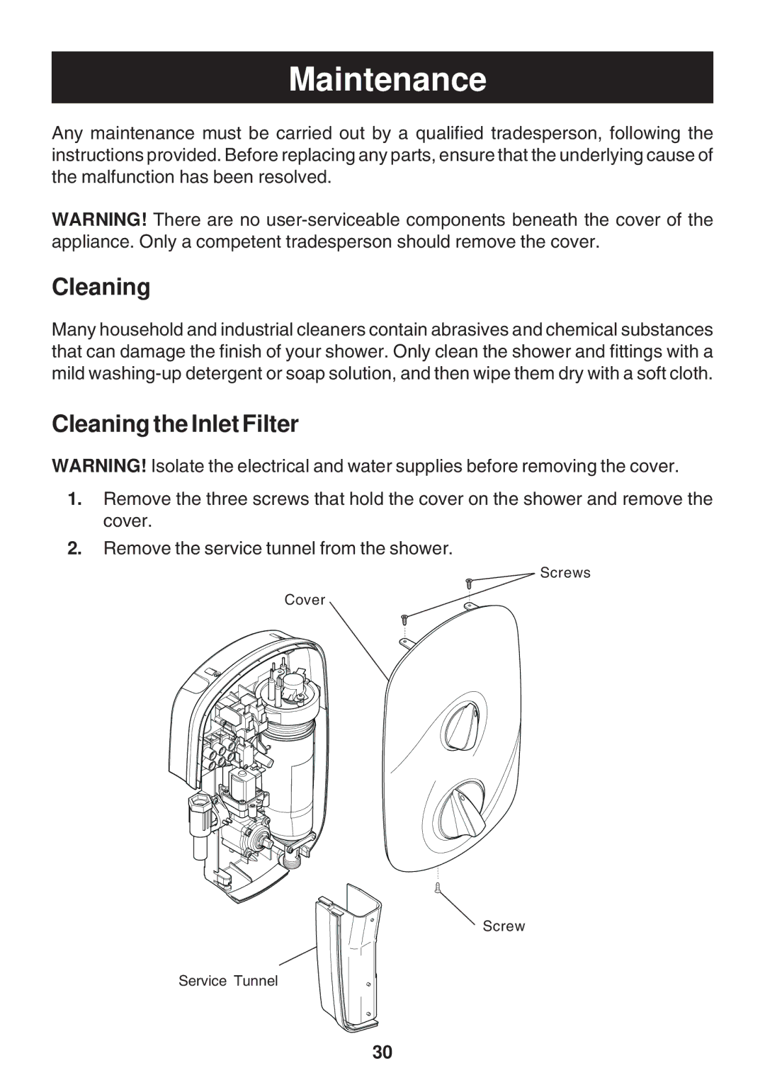 Kohler Electric Shower manual Maintenance, Cleaning the Inlet Filter 