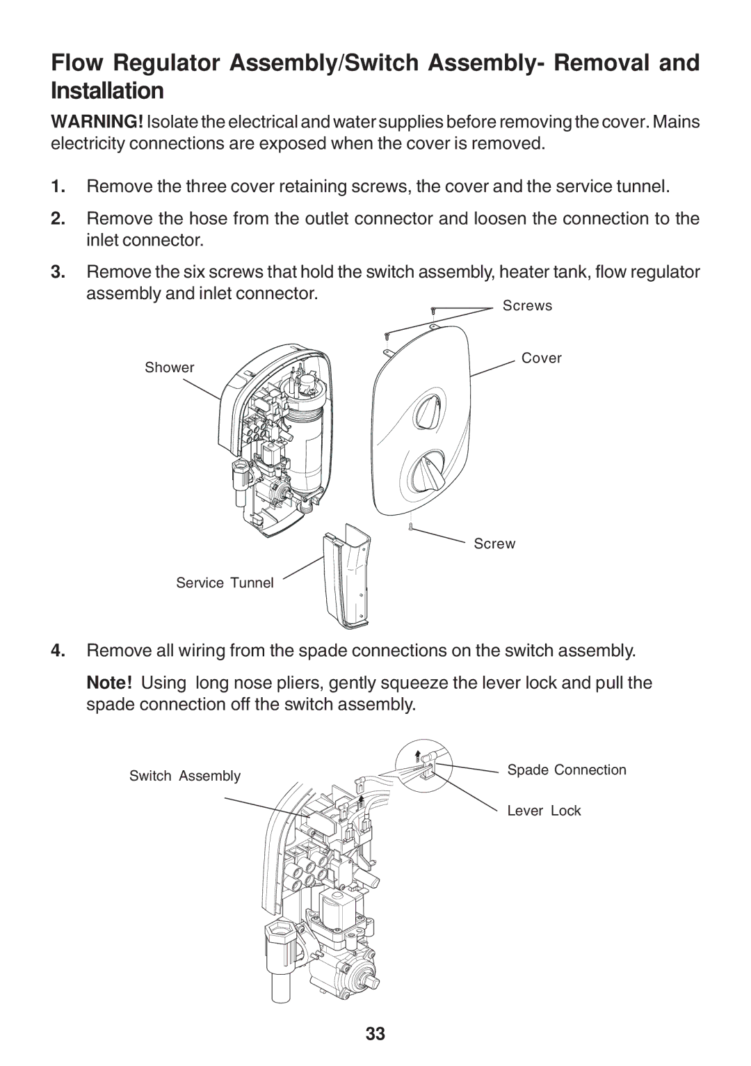 Kohler Electric Shower manual Switch Assembly Spade Connection Lever Lock 