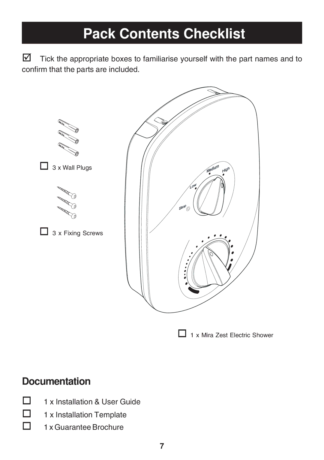 Kohler Electric Shower manual Pack Contents Checklist 