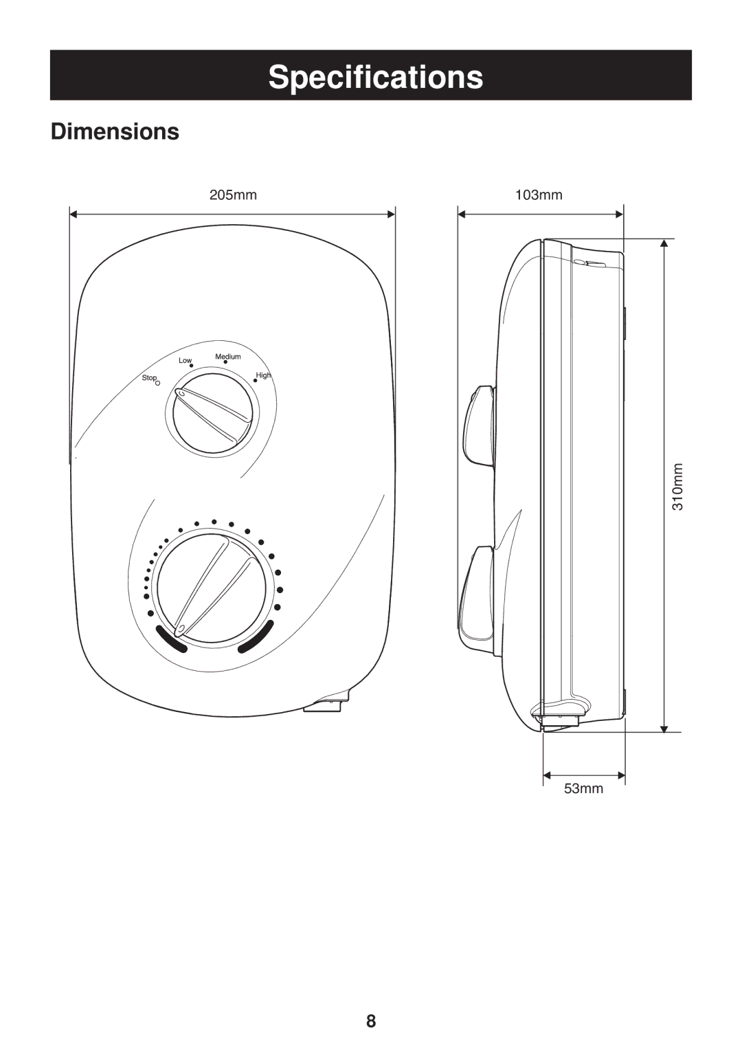 Kohler Electric Shower manual Specifications, Dimensions 