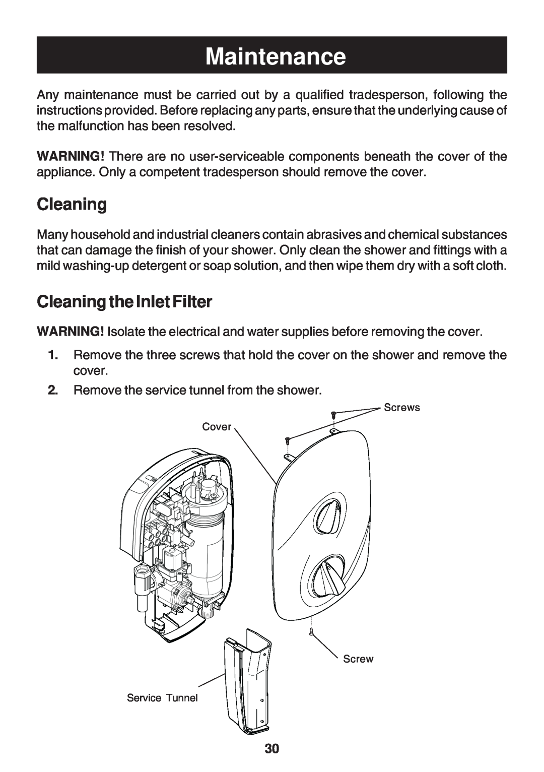 Kohler Electric Shower manual Maintenance, Cleaning the Inlet Filter 