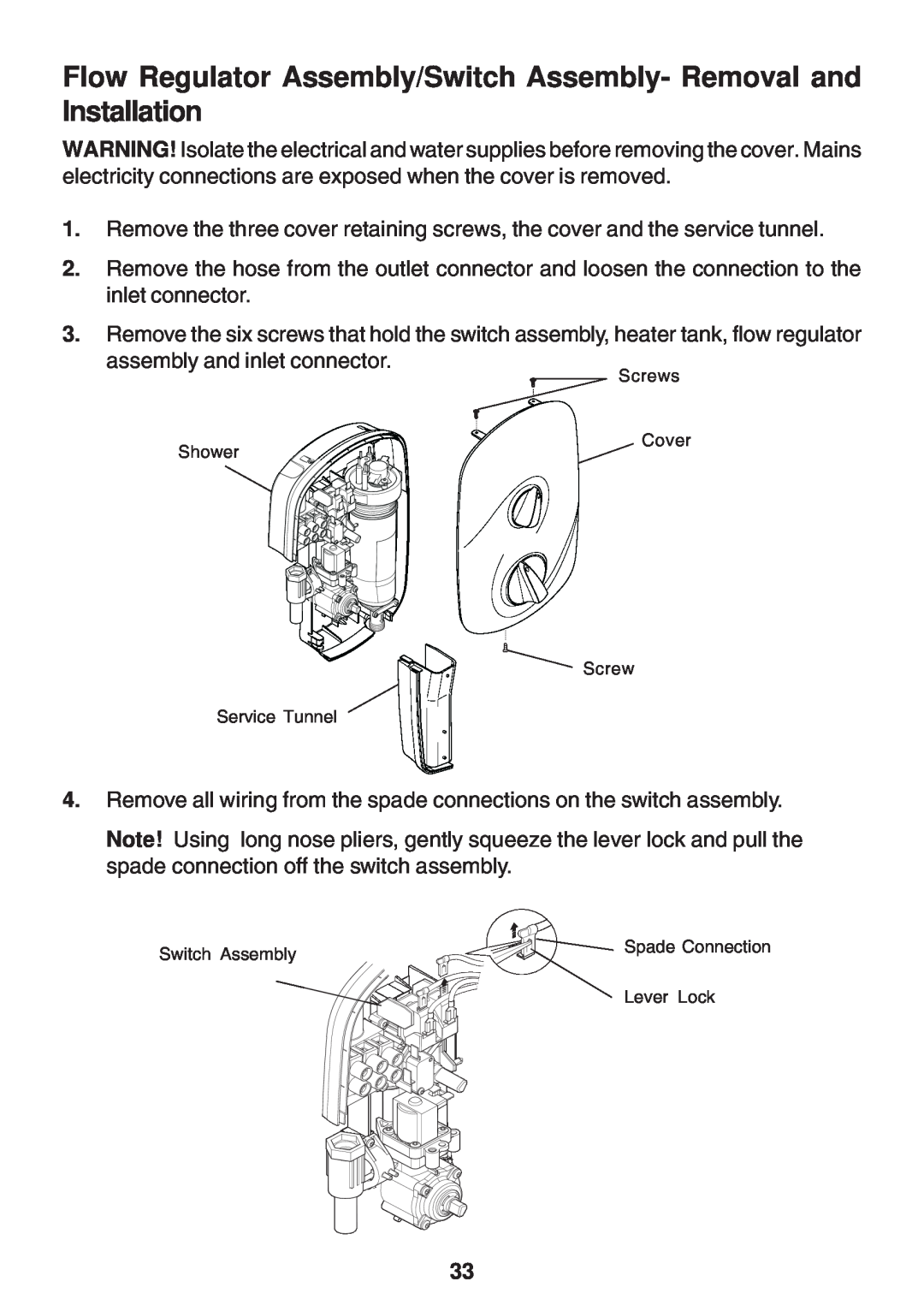 Kohler Electric Shower manual Screws, Cover, Screw Service Tunnel, Switch Assembly, Spade Connection, Lever Lock 
