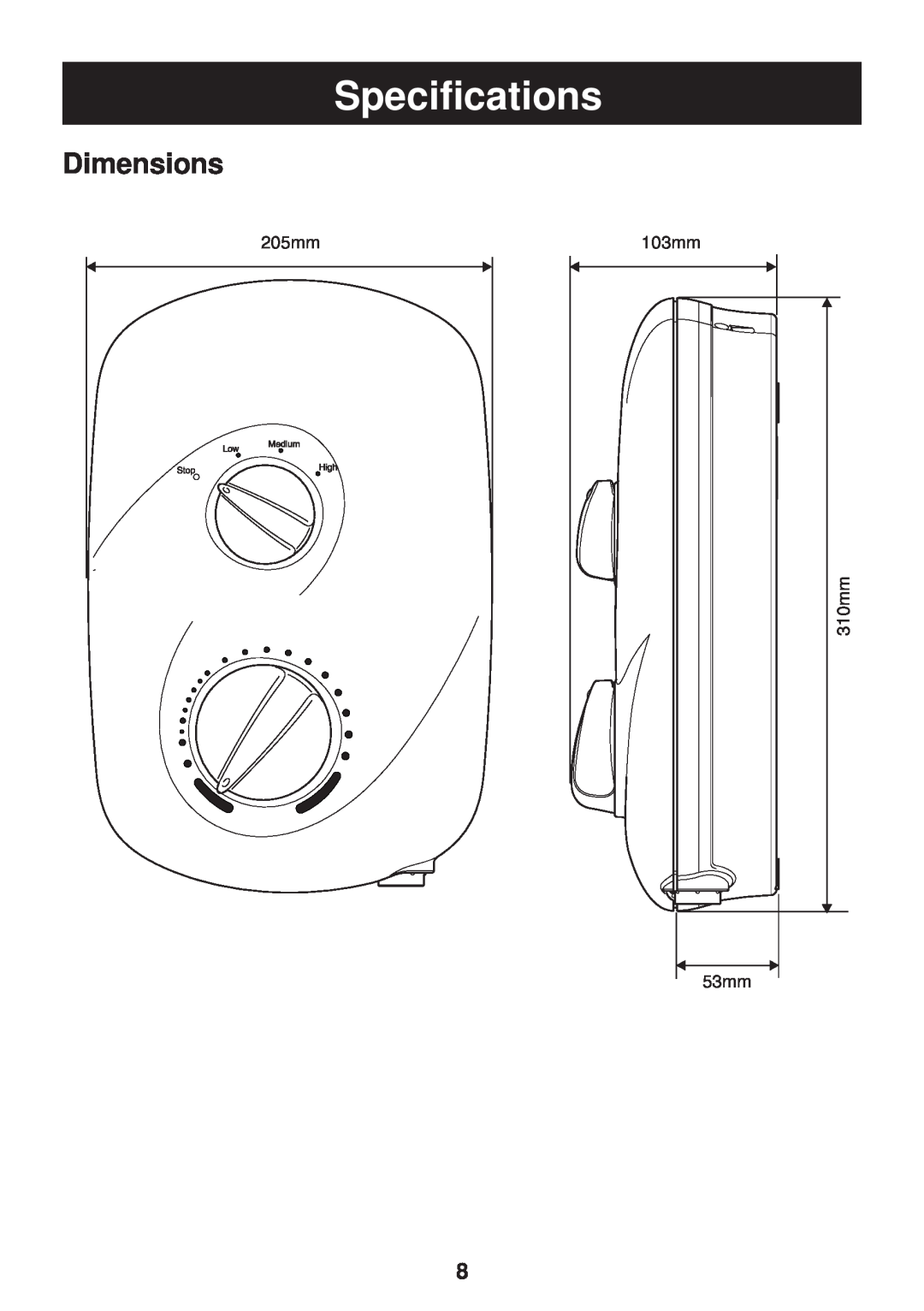 Kohler Electric Shower manual Specifications, Dimensions, 205mm, 103mm, 310mm 53mm 