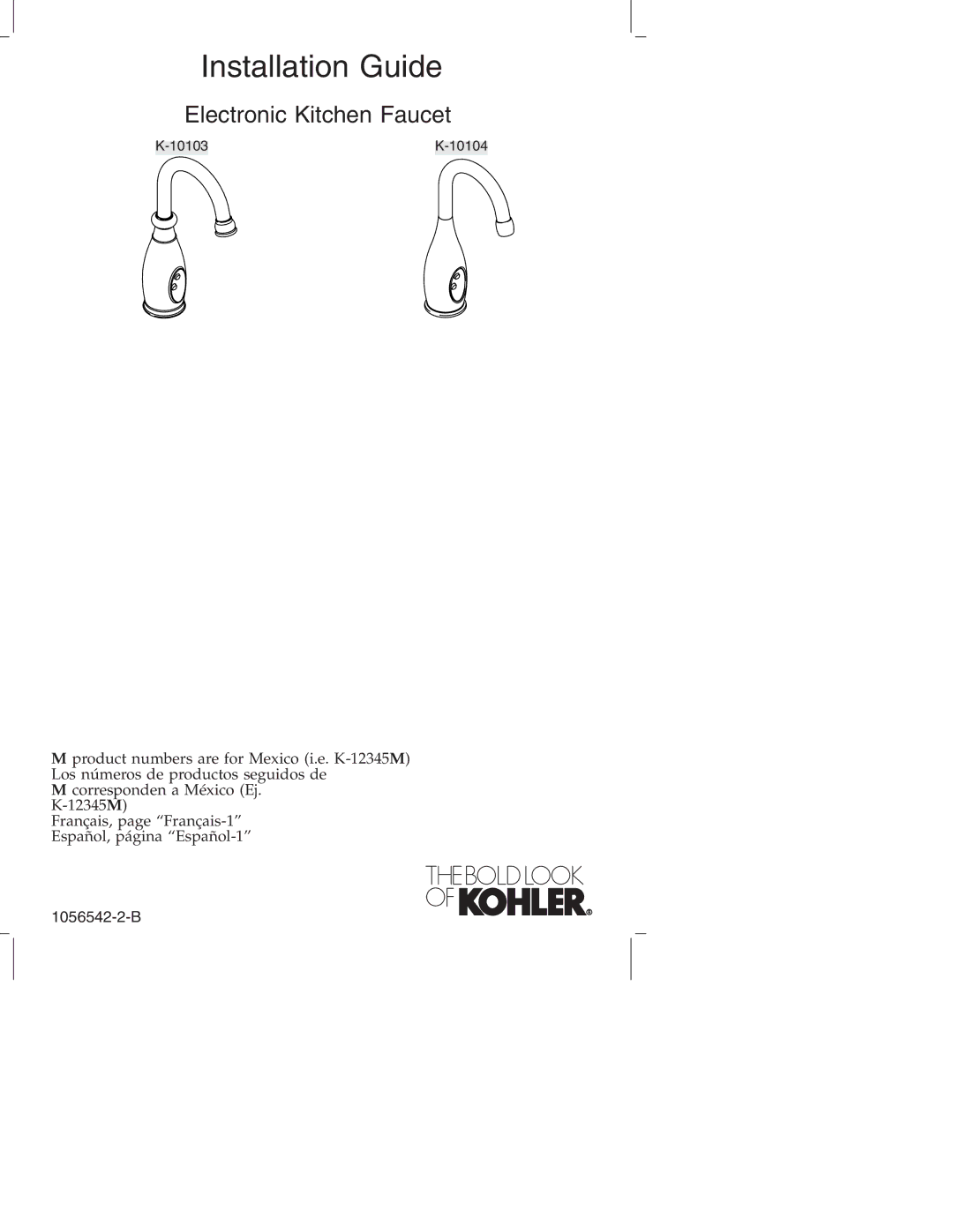 Kohler K-10103, K-10104 manual Installation Guide 