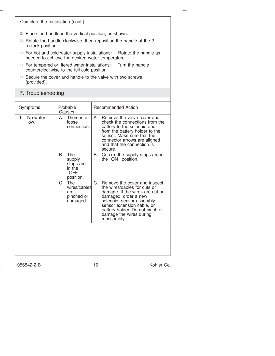 Kohler K-10104 Troubleshooting, Complete the Installation, For tempered or ﬁltered water installations Turn the handle 