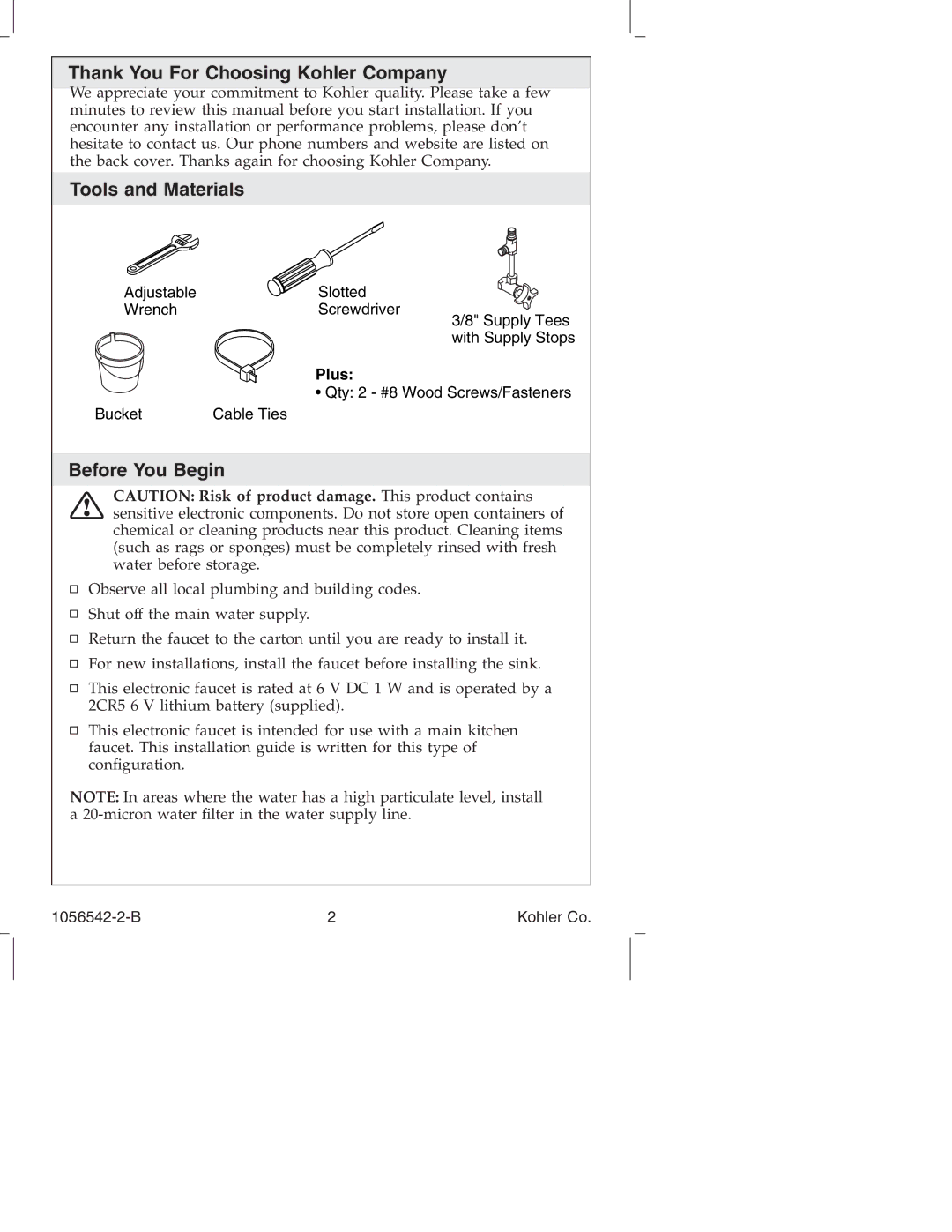 Kohler K-10104, K-10103 manual Thank You For Choosing Kohler Company, Tools and Materials, Before You Begin 