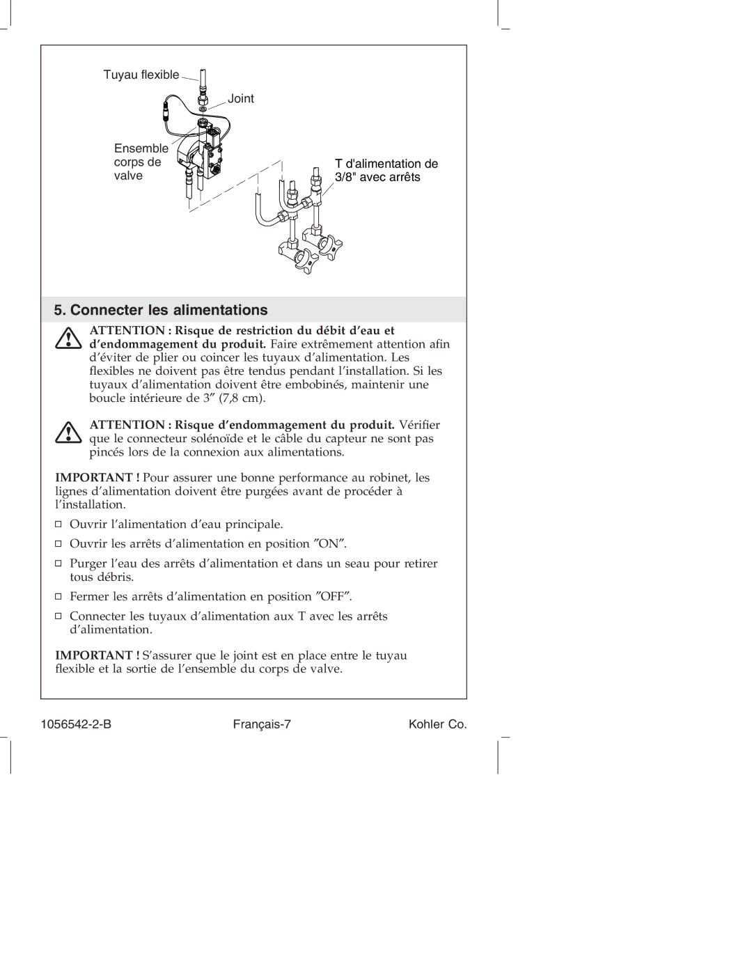 Kohler K-10104, K-10103 manual Connecter les alimentations 