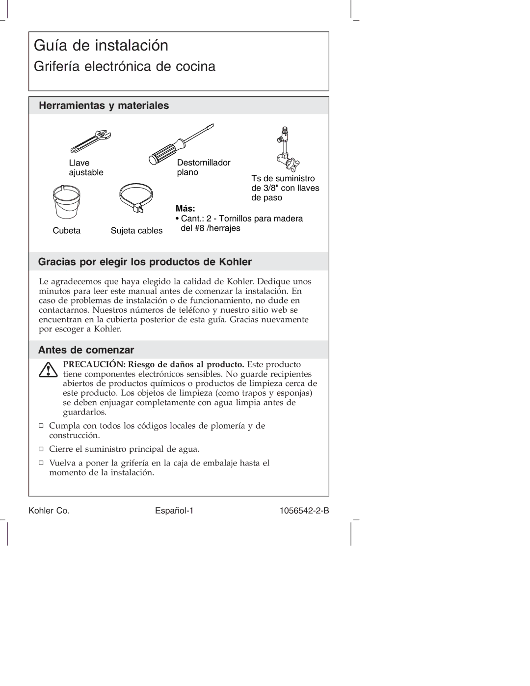 Kohler K-10104, K-10103 manual Herramientas y materiales, Gracias por elegir los productos de Kohler, Antes de comenzar 