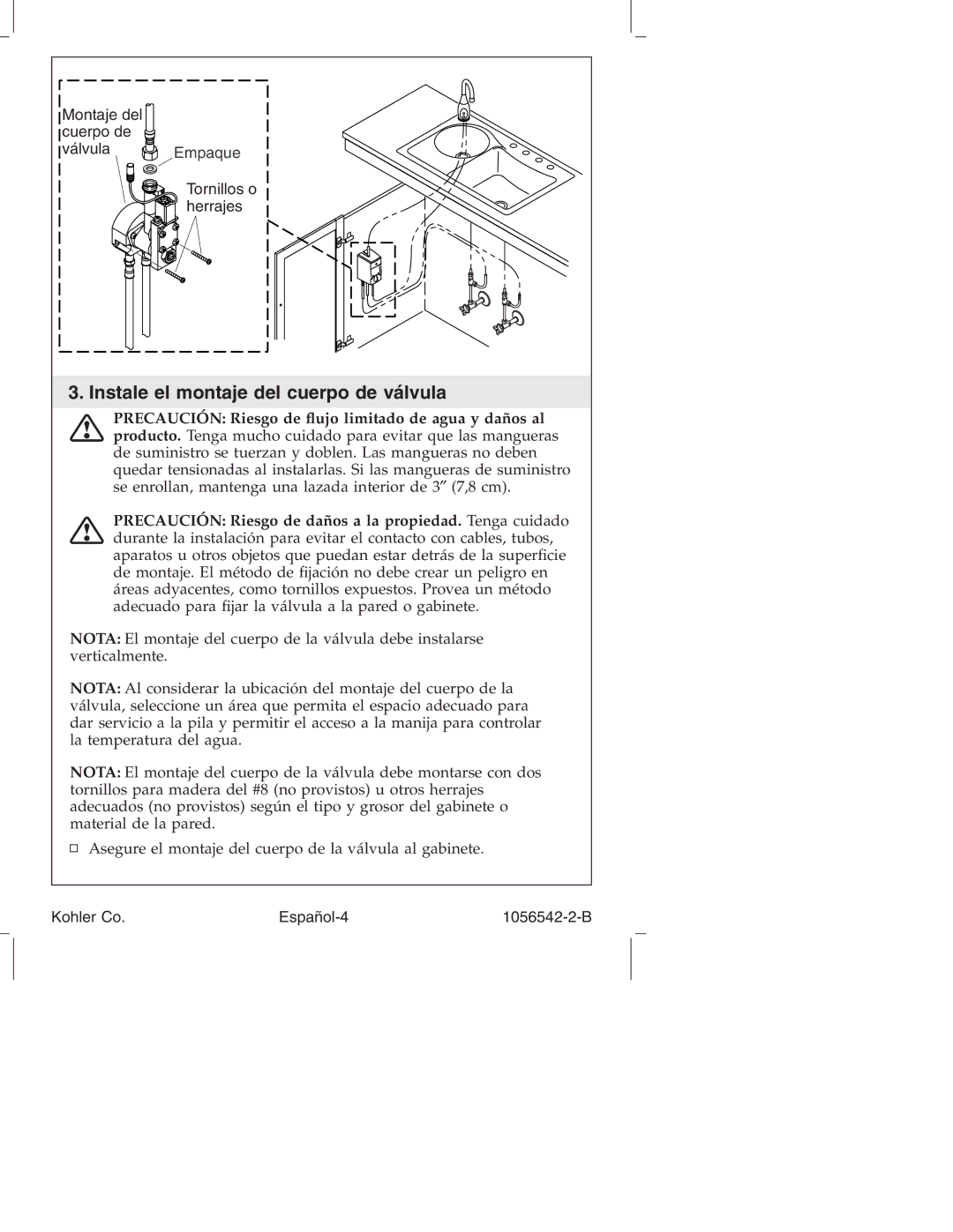 Kohler K-10103, K-10104 manual Instale el montaje del cuerpo de válvula 