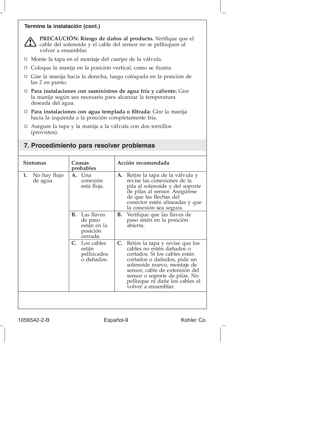 Kohler K-10104 Procedimiento para resolver problemas, Termine la instalación, Síntomas Causas Acción recomendada Probables 