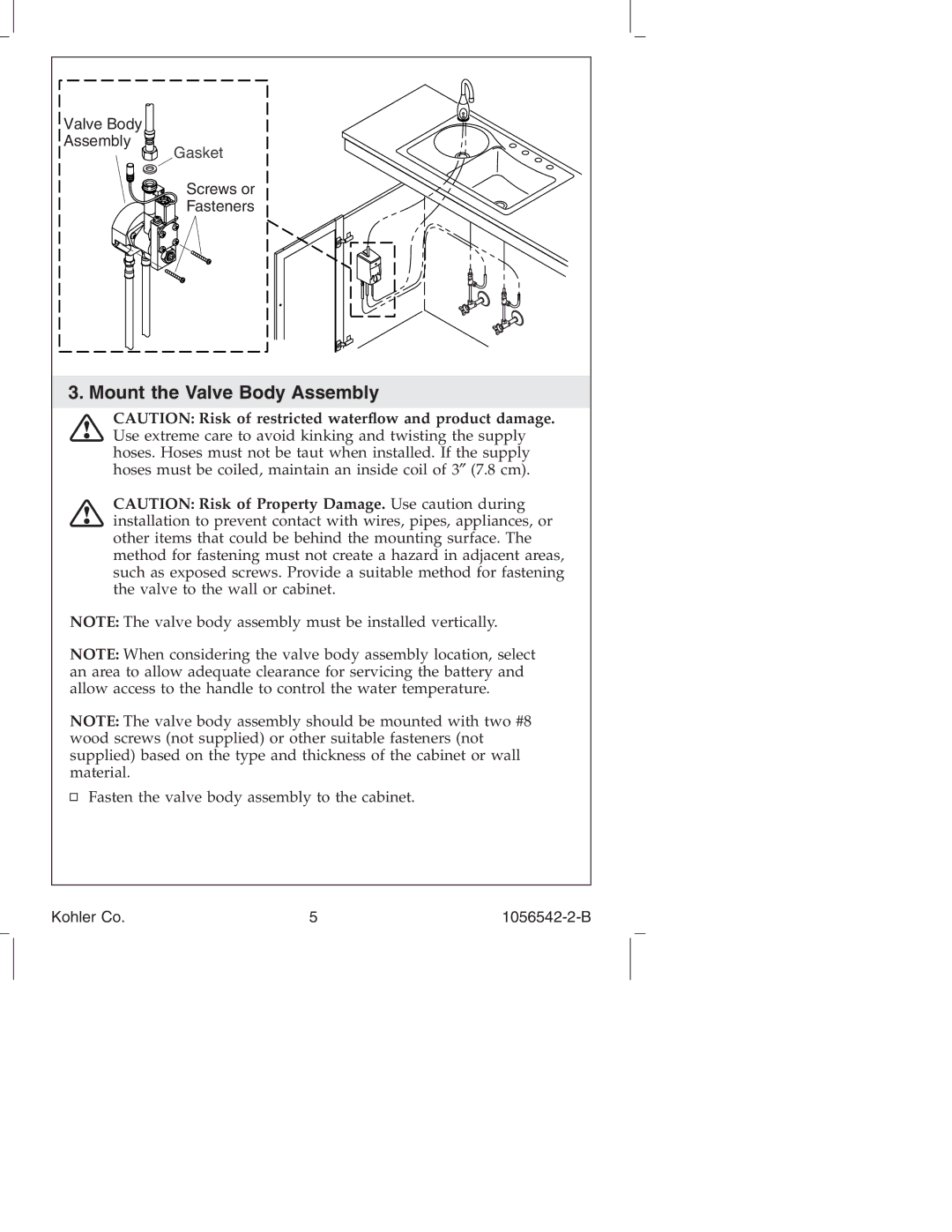 Kohler K-10103, K-10104 manual Mount the Valve Body Assembly 