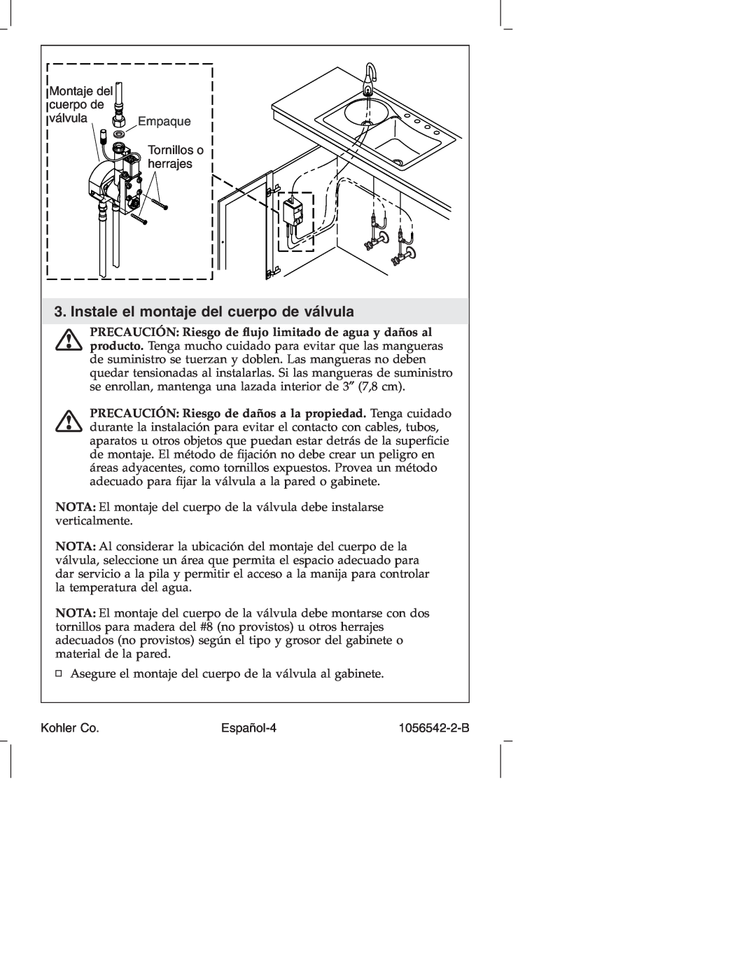 Kohler K-10103 manual Instale el montaje del cuerpo de válvula, Montaje del cuerpo de válvula Empaque, Tornillos o herrajes 