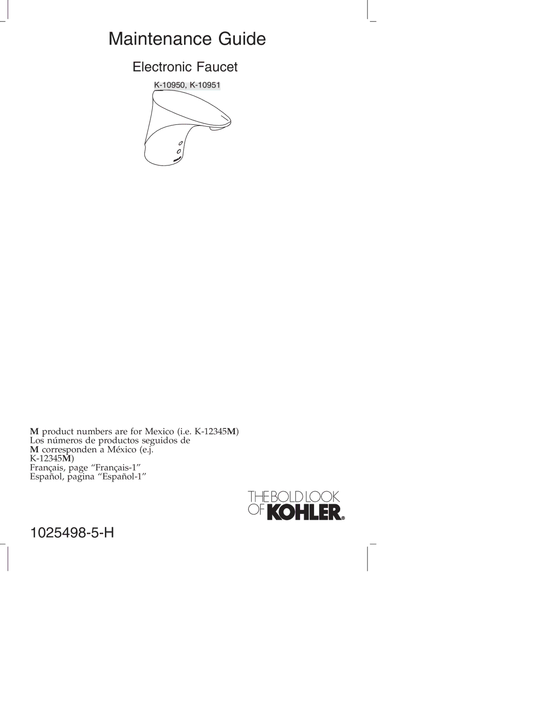 Kohler k-10951, k-10950 manual Maintenance Guide 