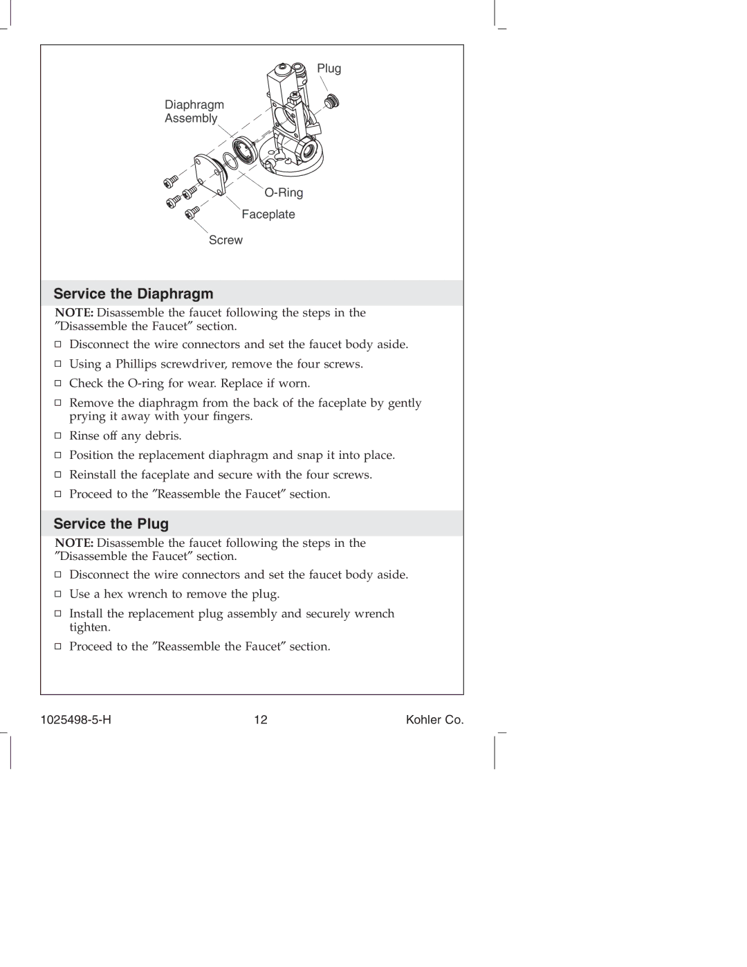 Kohler k-10950, k-10951 manual Service the Diaphragm, Service the Plug 