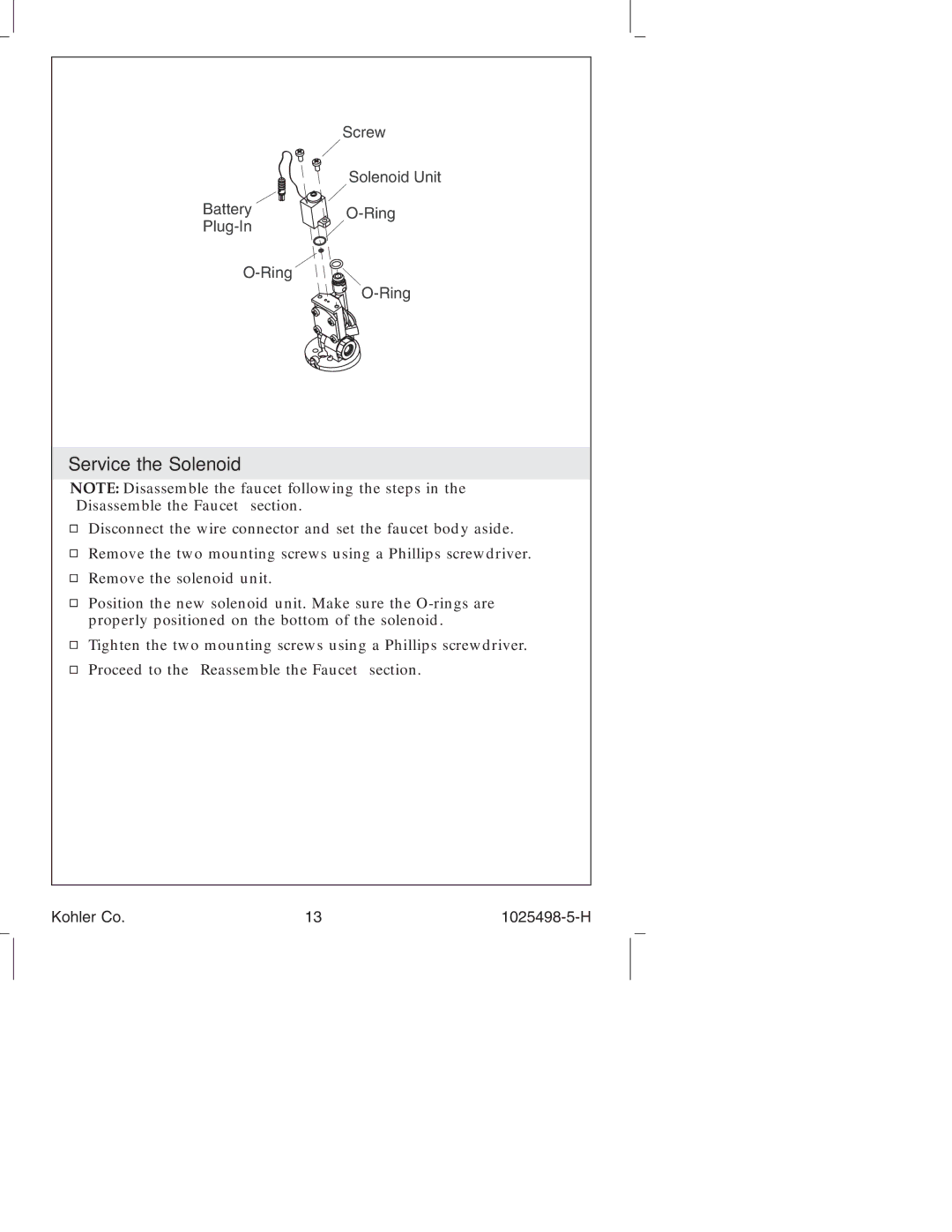 Kohler k-10951, k-10950 manual Service the Solenoid 