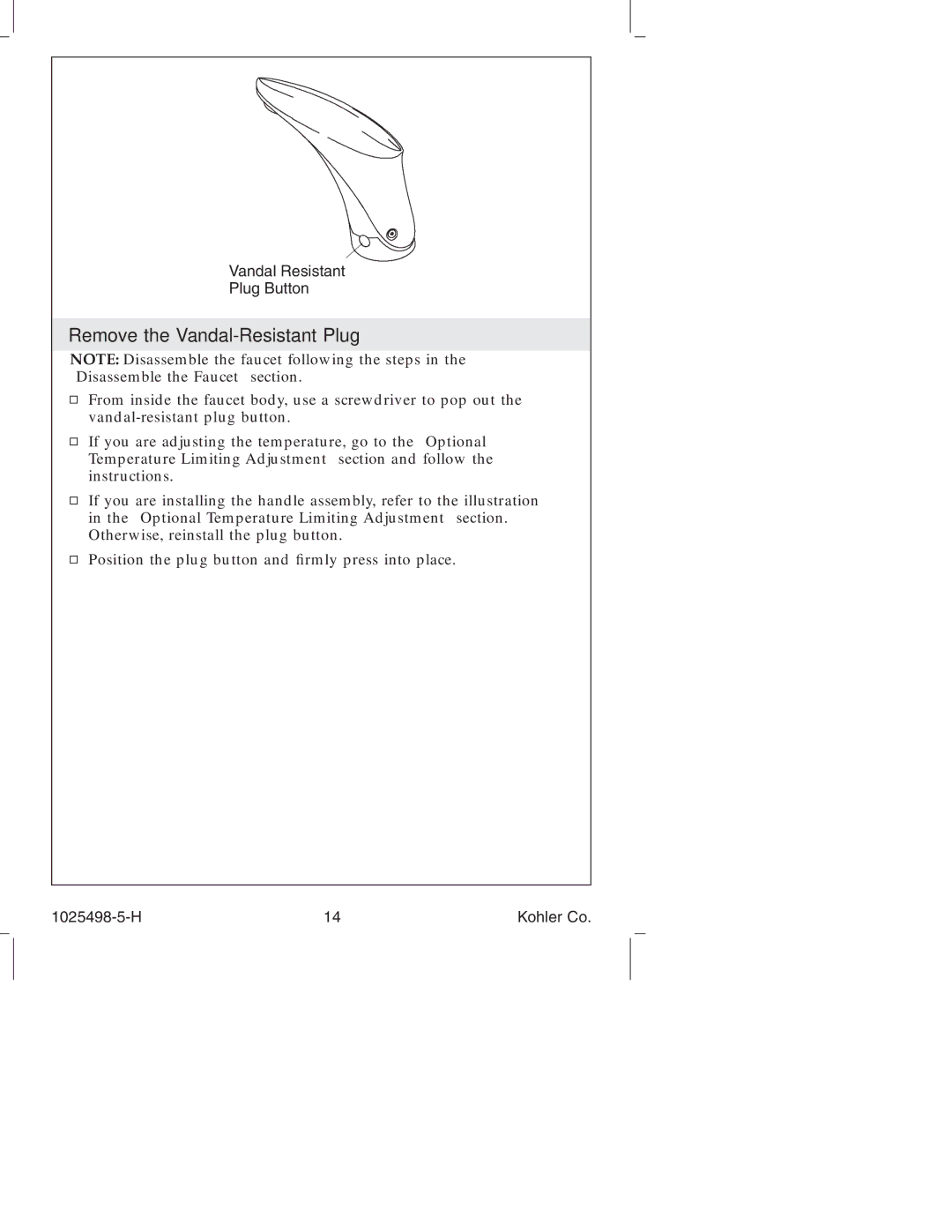 Kohler k-10950, k-10951 manual Remove the Vandal-Resistant Plug 