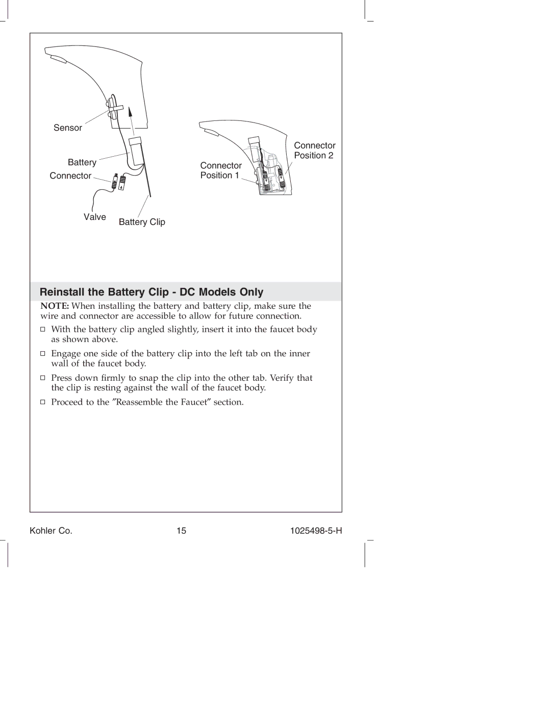 Kohler k-10951, k-10950 manual Reinstall the Battery Clip DC Models Only 