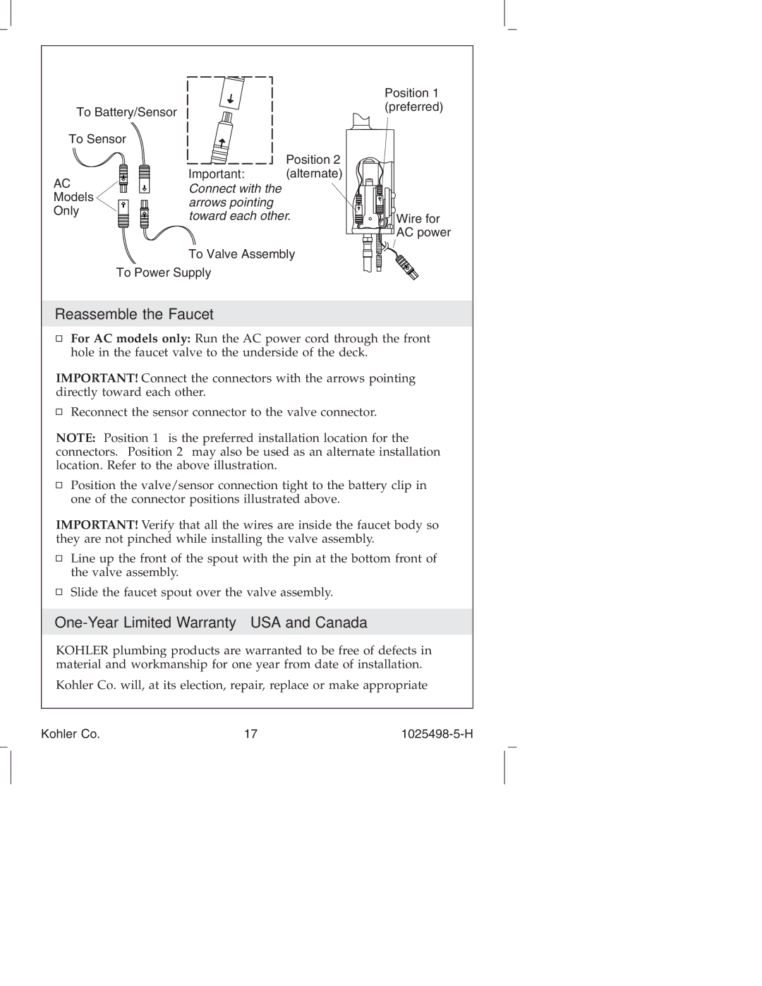 Kohler k-10951, k-10950 manual Reassemble the Faucet, One-Year Limited Warranty USA and Canada 