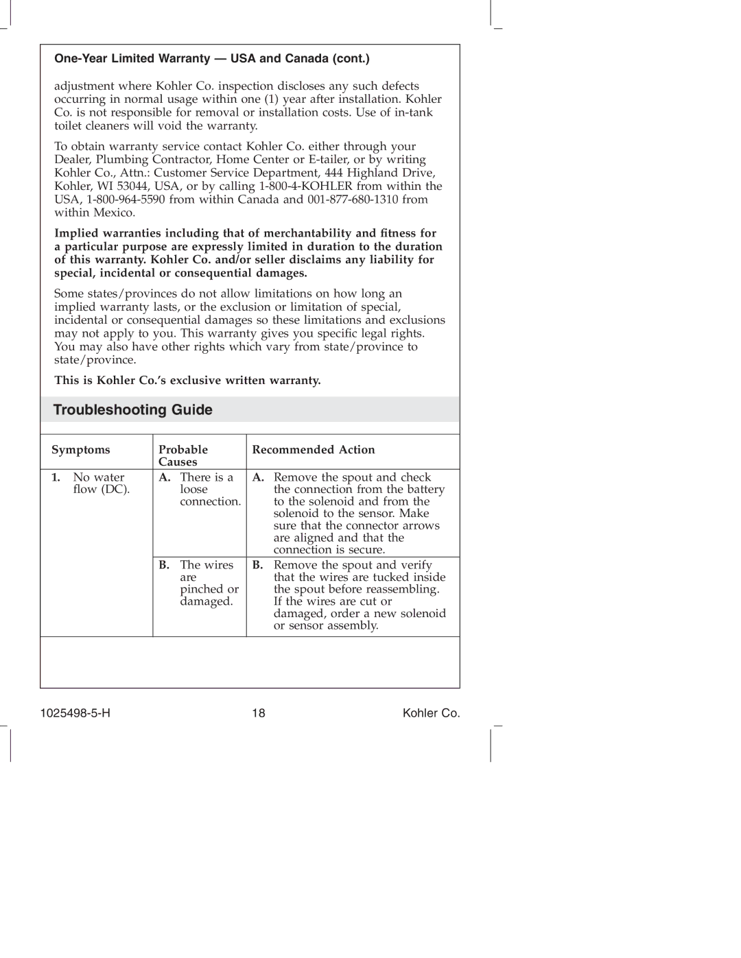 Kohler k-10950, k-10951 manual Troubleshooting Guide, One-Year Limited Warranty USA and Canada 