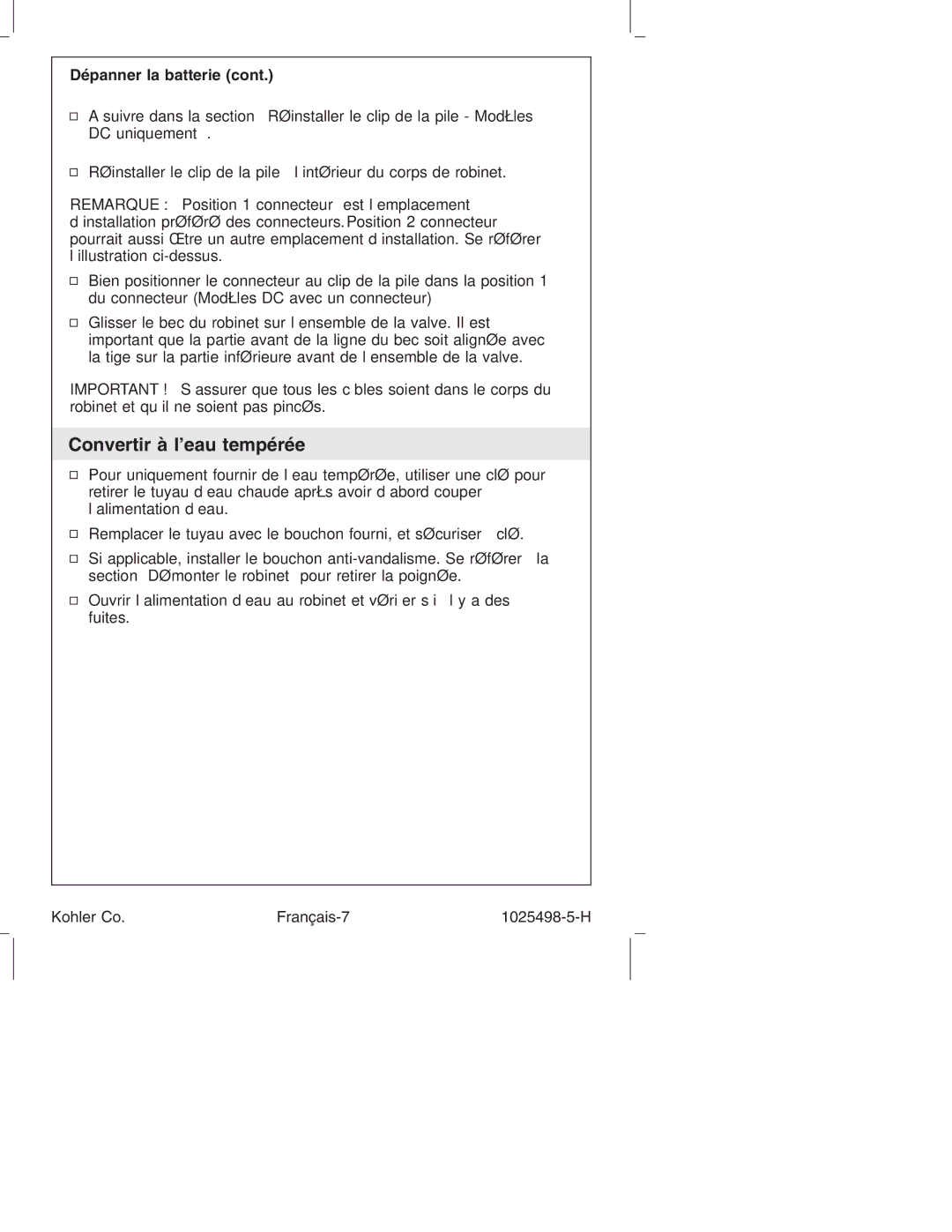 Kohler k-10951, k-10950 manual Convertir à l’eau tempérée, Dépanner la batterie 