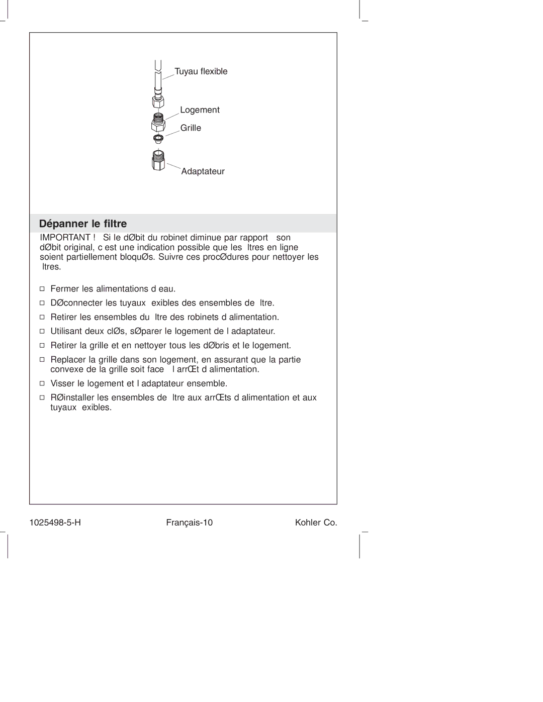 Kohler k-10950, k-10951 manual Dépanner le ﬁltre 