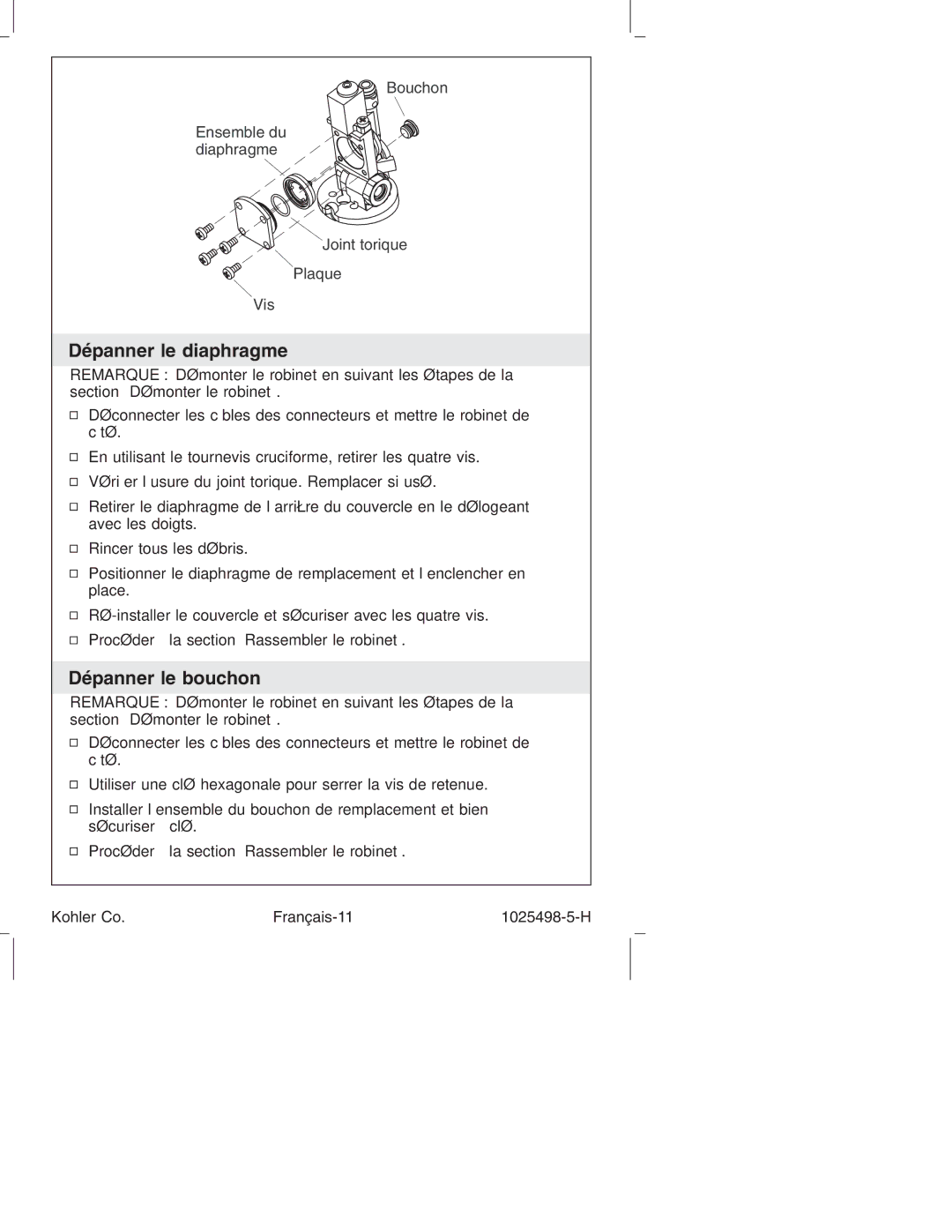 Kohler k-10951, k-10950 manual Dépanner le diaphragme, Dépanner le bouchon 