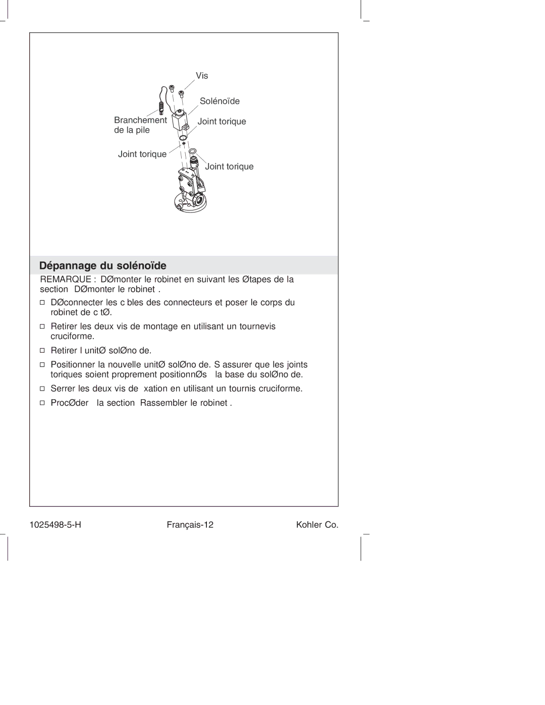 Kohler k-10950, k-10951 manual Dépannage du solénoïde 