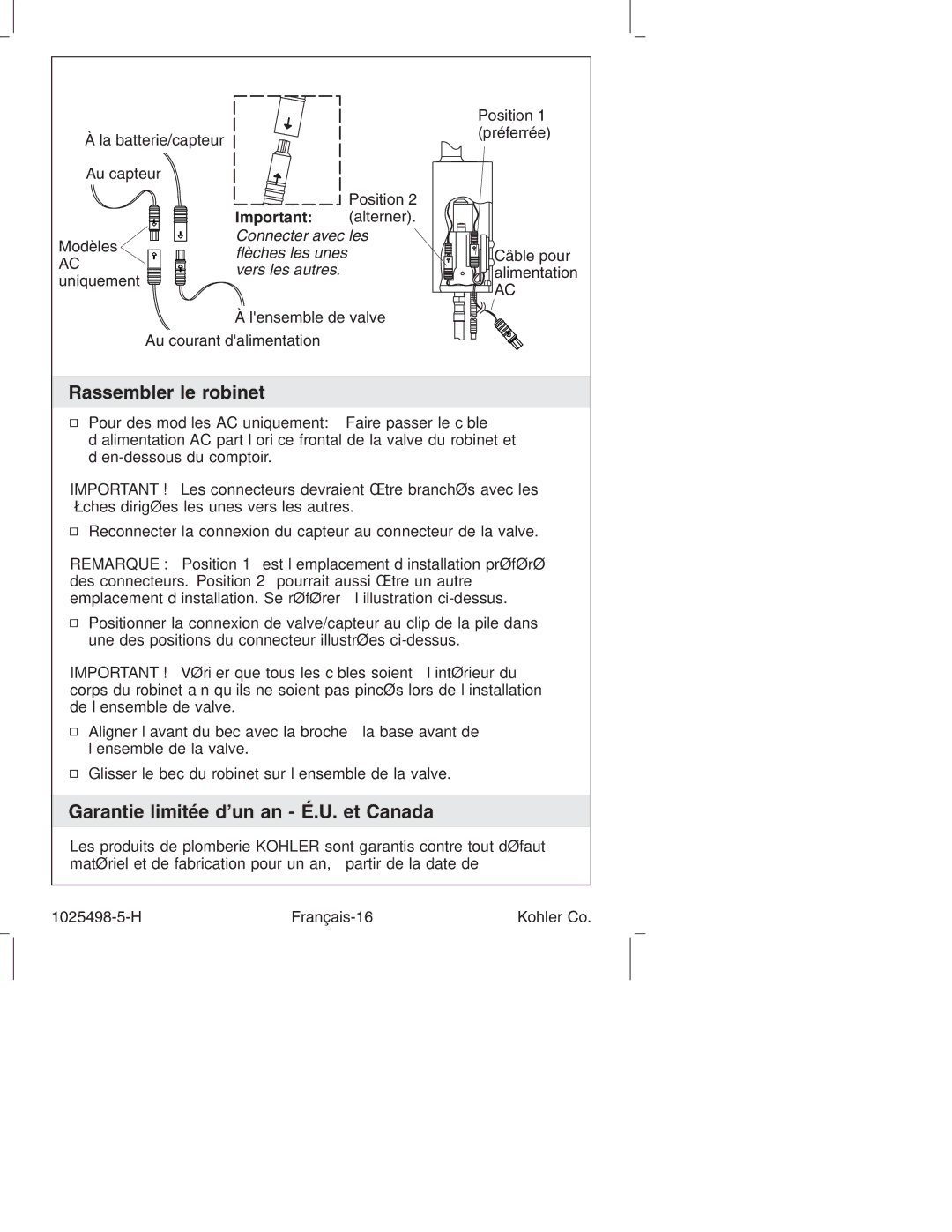 Kohler k-10950, k-10951 manual Rassembler le robinet, Garantie limitée d’un an É.U. et Canada, Important alterner 