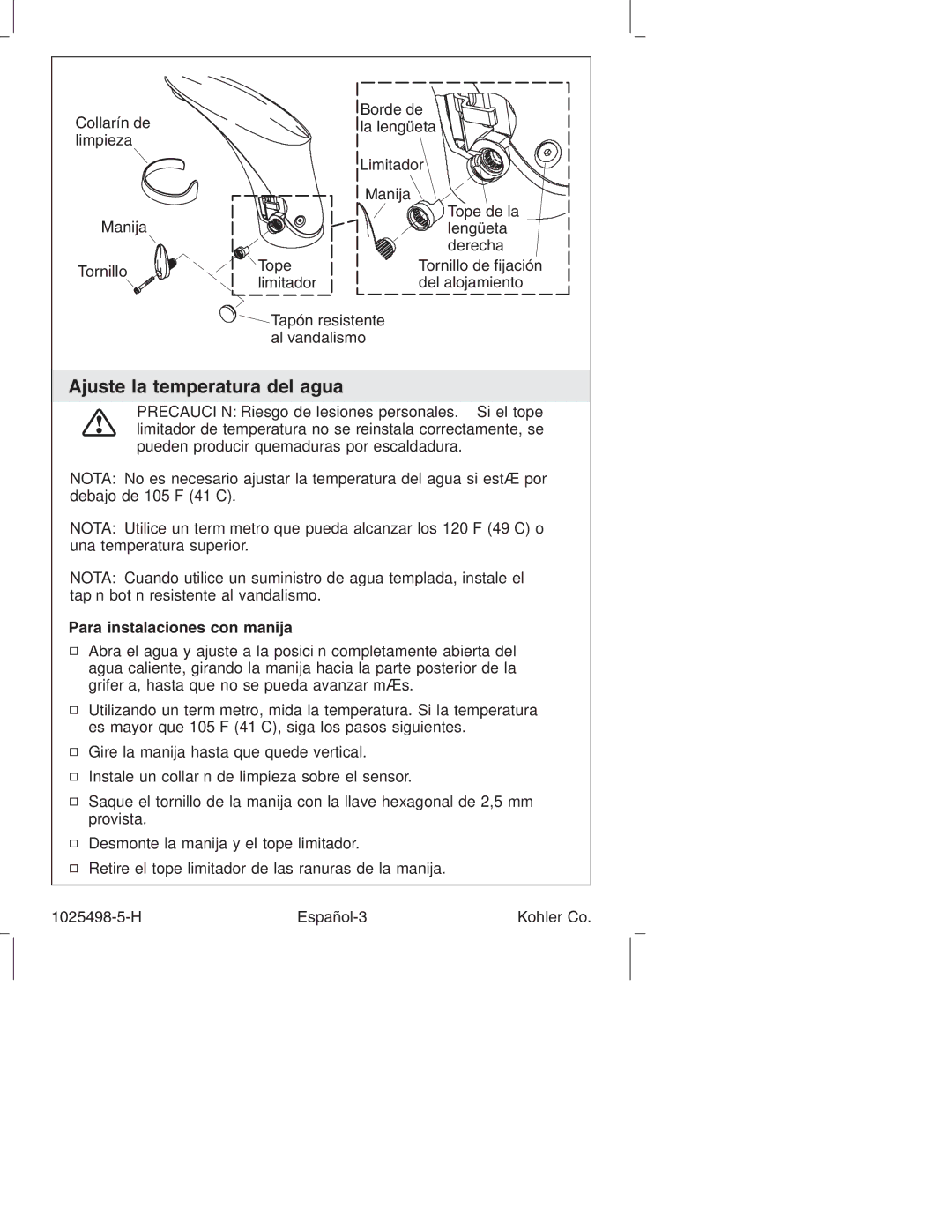 Kohler k-10950, k-10951 manual Ajuste la temperatura del agua, Para instalaciones con manija 